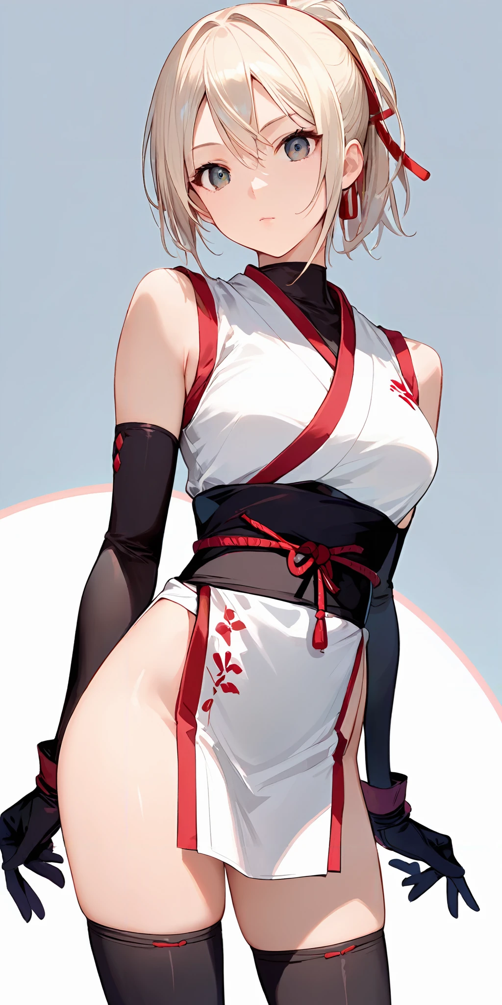 score_9, score_8_up, score_7_up,source_anime, high res image,masterpiece,best quality,girl,cowboy shot,cute face,simple background, <lora:kunoichi_Pony_V1.0:0.5>  jyojifuku, kimono, kunoichi, ninja,sleeveless,gloves,thighhighs,white clothes