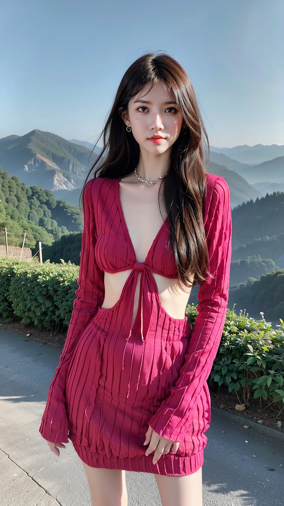 (Best Quality, Masterpiece:1.4), (Realism:1.2), (Realisitc:1.2), (Absurdres:1.2), (photorealistic:1.3), Realistic Skin,Solo,( Very Big Eyes,beautiful detailed eyes, symmetric eyes,), ((cowboy shot)),1girl,solo,
(mountain background:1.3),nature,,MIS,dress,cross,long sleeves,<lora:MIS50:0.75>