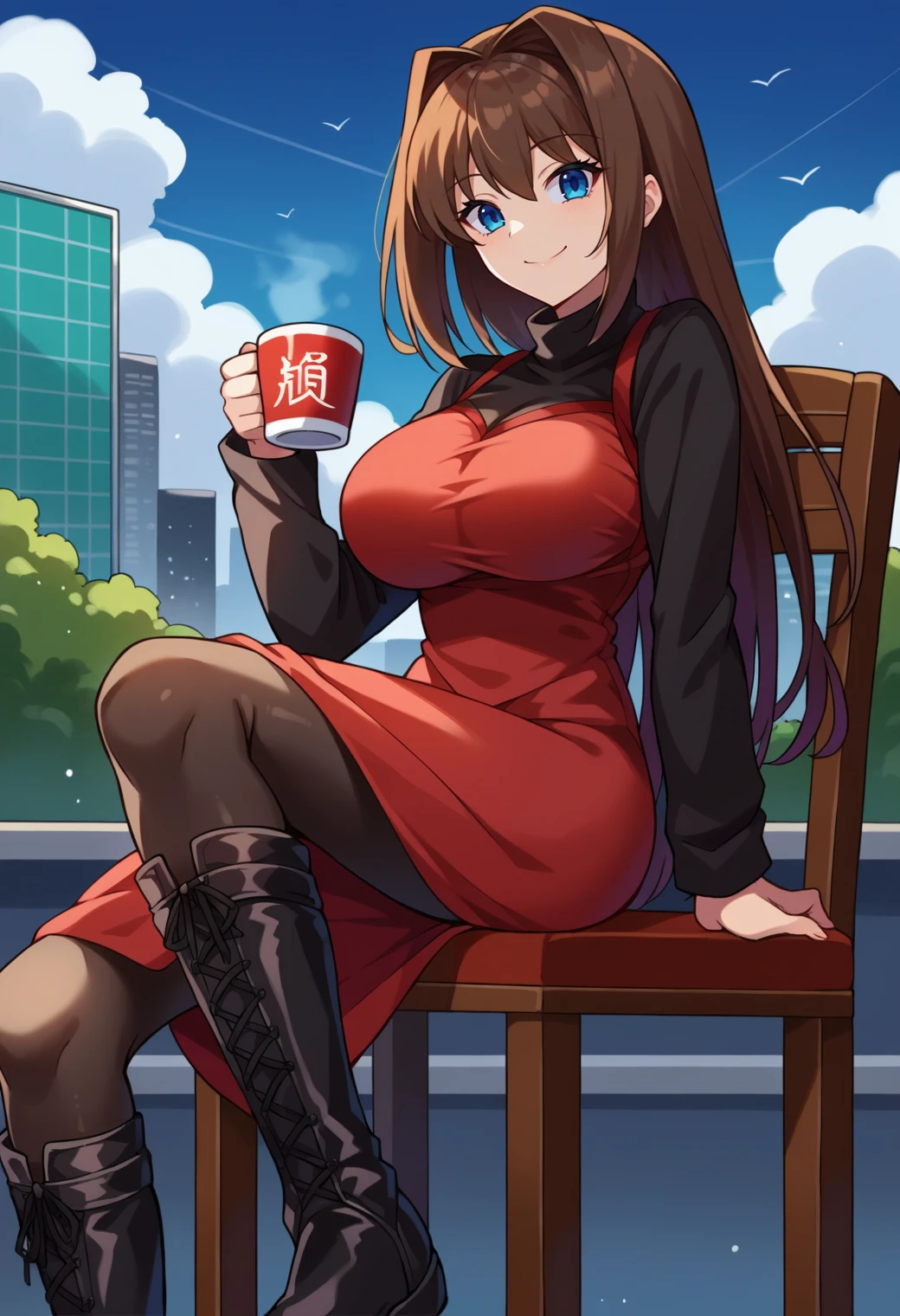 score_9, score_8_up, source_anime BREAK solo, 1girl, looking at viewer, cowboy shot,
<lora:AozakiPdxlDwnsty-000008:1>, aozakidef, blue eyes, brown hair, long hair, hair intakes, red dress, turtleneck, black pantyhose, long sleeves, black sweater, knee boots, black footwear,
curvy, large breasts, smile, happy,
city, tokyo, outdoors, blue sky, cafee, chair, on chair, sitting, cup, holding cup,