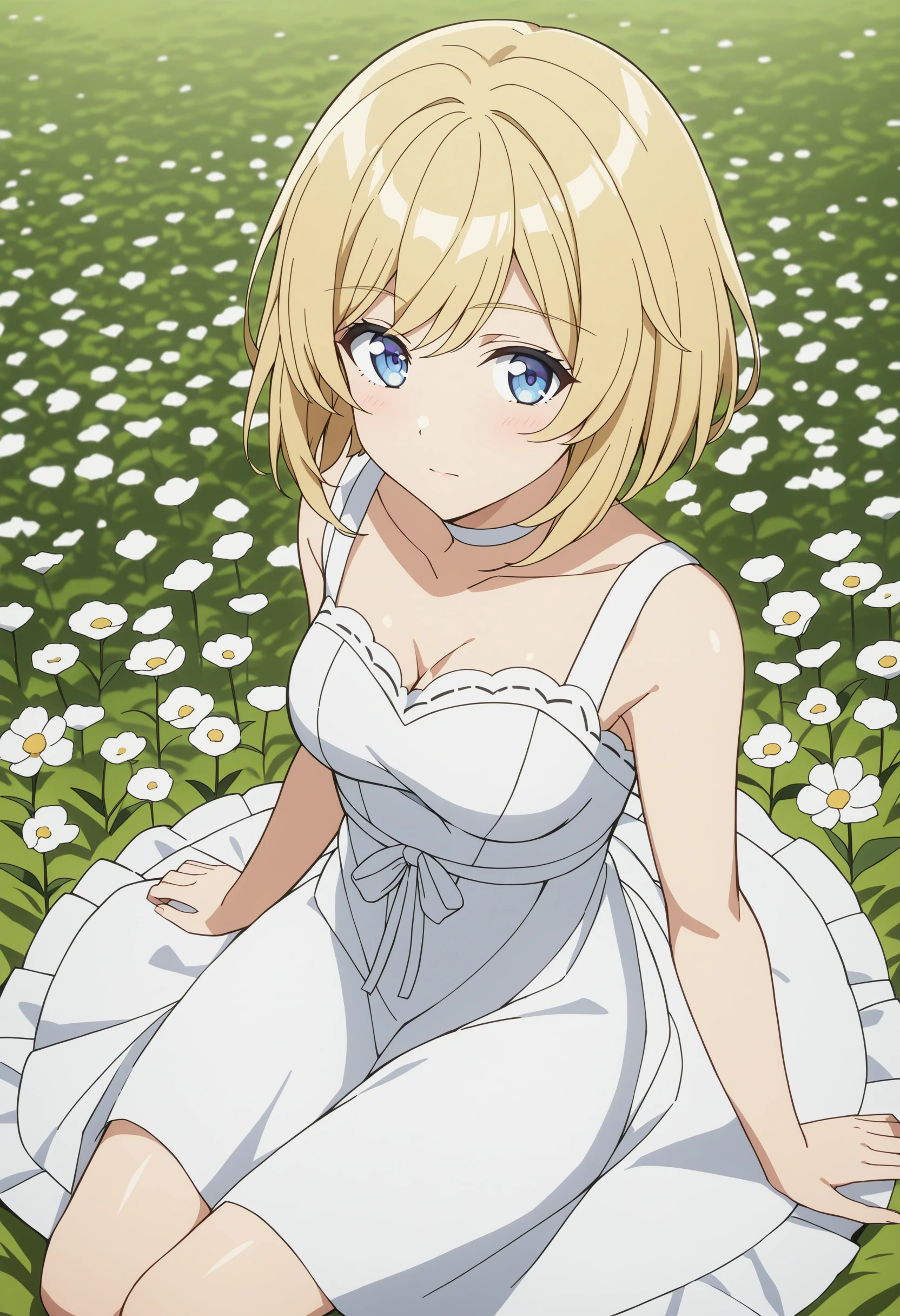 sysdeep_jeanne, 1girl, solo, breasts, short_hair, closed_mouth, blue_eyes, blonde_hair, medium_breasts, jeanne_ornament, summer_dress, sitting_on_ground, flower_field, looking_up, anime_coloring, <lora:Jeanne D Arc - [Compass] - SDXL Version 1:1>