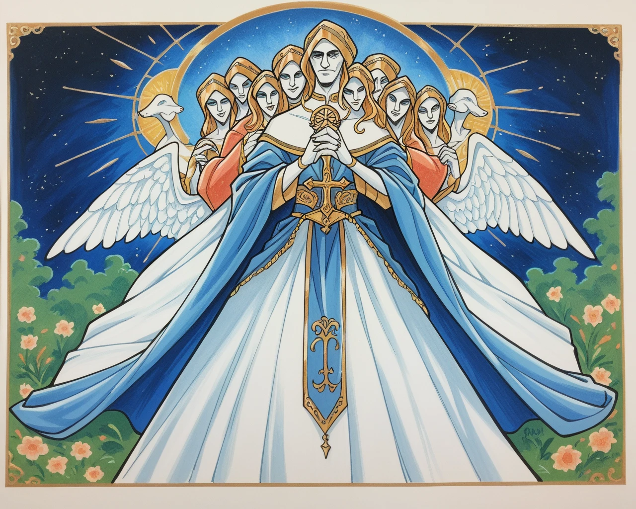 score_9, score_8_up, score_7_up, score_6_up, source_painting, biblically accurate angel, humanoid, multiple heads, robes, creature made of multi-faceted rings, multiple rings, multiple eyes, abstract creature, wings, floating, religious or biblical illustration, renaissance art, traditional, old school art, standing, detailed line work, traditional ink,