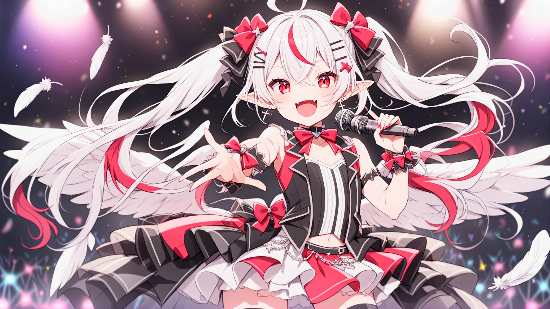 remi, ahoge, angel wings, bow, cross, cross earrings, fangs, hair bow, hair ornament, hairclip, jewelry, long hair, looking at viewer, low wings, mini wings, multicolored hair, pointy ears, solo, twintails, virtual youtuber, white feathered wings, flat chested, thighhighs, wide red eyes,
<lora:REMI-XL-t2-000001:0.5>
(idol outfit, wink, smiling, open mouth, concert, microphone)