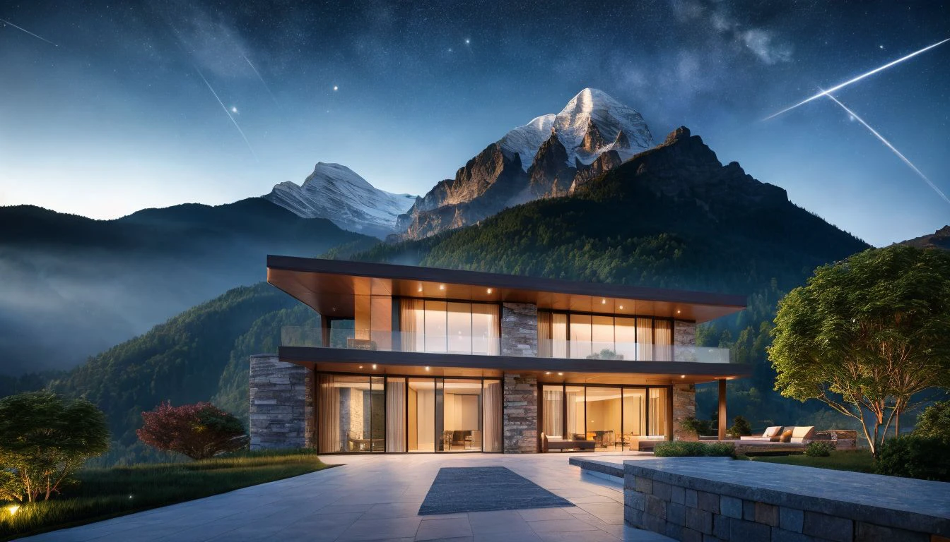 (masterpiece:1.2),( best quality:1.2), high quality, highres,box form, buidiung, sleek, stone, modern architecture style, hyper detailed photo, galaxy and stars, (fog:0.5), human perspective, montain,