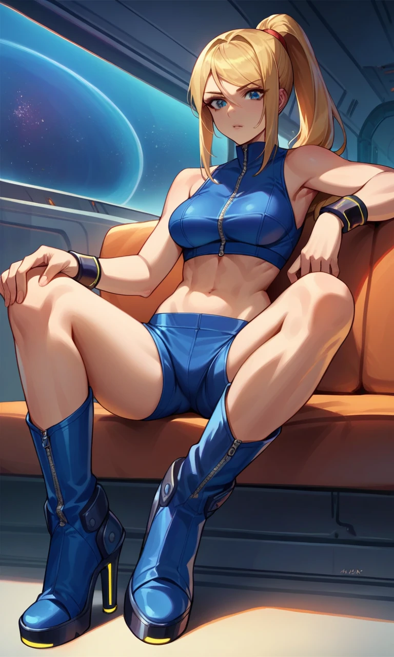 1 girl, solo, samus aran, pelo rubio, blonde hair, ojos azules, blue eyes, ponytail, hair tie, blue gloves, ((naked, nude)), high heels, ponytail, midriff, wristband, blue shorts, high heels, breats, huge breasts, sexy, pussy, (semen, cum, bukkake, facial, oral), nsfw, +18, spaceship,