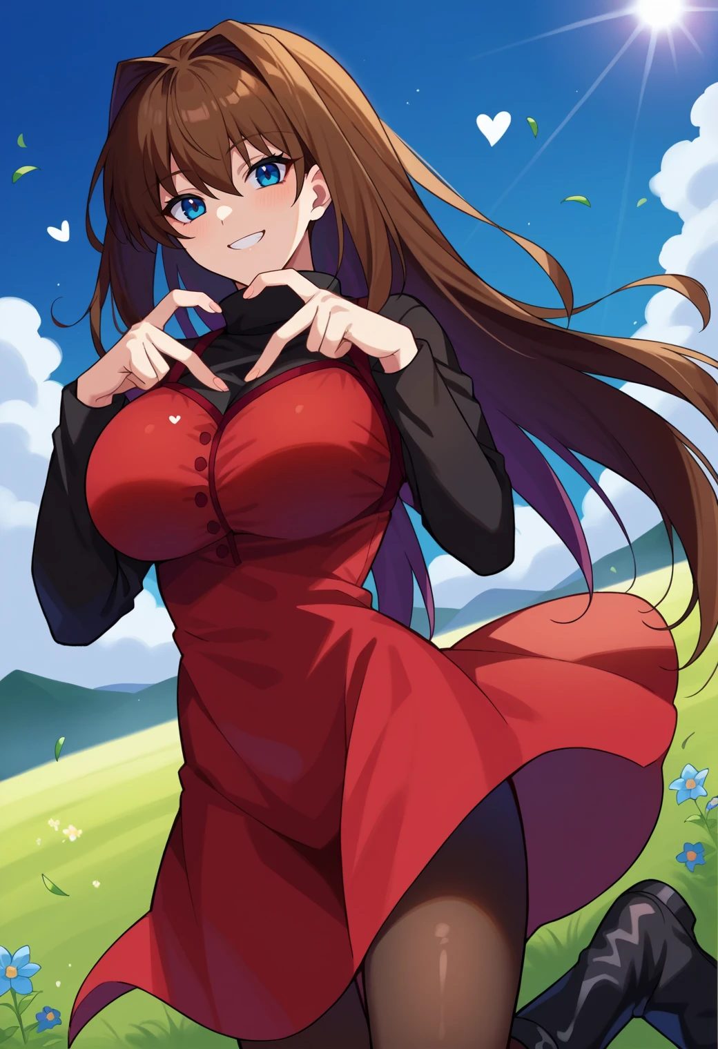 score_9, score_8_up, source_anime BREAK solo, 1girl, looking at viewer, cowboy shot,
<lora:AozakiPdxlDwnsty-000008:1>, aozakidef, blue eyes, brown hair, long hair, hair intakes, red dress, turtleneck, black pantyhose, long sleeves, black sweater, knee boots, black footwear, heart fingers, heart hands, <lora:Heart_Fingers__Concept_Lora-000007:1>,
curvy, large breasts, smile,
outdoors, grass, wind, sunlight, blue sky, dutch angle, flower field,