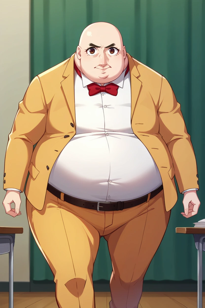 score_9, score_8_up, score_7_up, score_6_up, source_anime, BREAK 1girl, woman, solo <lora:p5kobayakawa-pdxl-nvwls-v1-000005:1> p5principal, fat, obese, bald, yellow jacket, formal, white shirt, red bow tie, belt, yellow pants, feminization