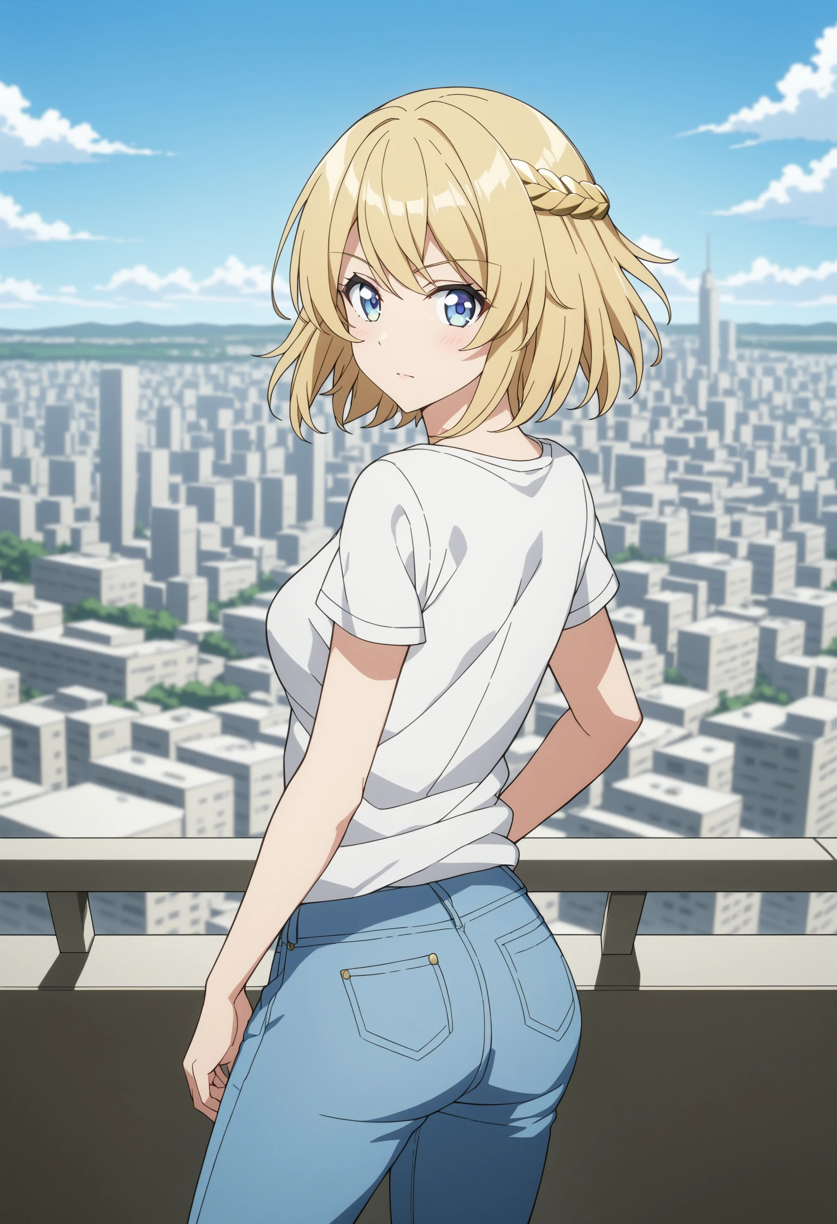 sysdeep_jeanne, 1girl, solo, breasts, short_hair, closed_mouth, blue_eyes, blonde_hair, medium_breasts, jeanne_ornament, jeans, looking_back, city, anime_coloring, <lora:Jeanne D Arc - [Compass] - SDXL Version 1:1>