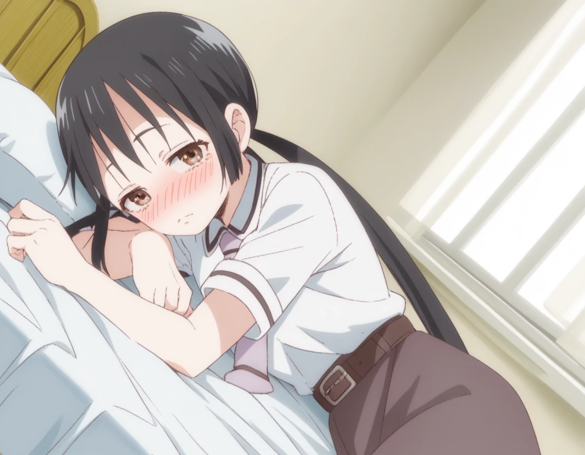 score_9, score_8_up, score_7_up, source_anime,
hanakohonda, <lora:hanako-honda-s1-ponyxl-lora-nochekaiser:1>,
hanako honda, long hair, black hair, twintails, brown eyes, low twintails,
dress, school uniform, necktie, belt,
indoors, bed, bed room, on side, blush, drunk,
looking at viewer, cowboy shot, dutch angle, solo,