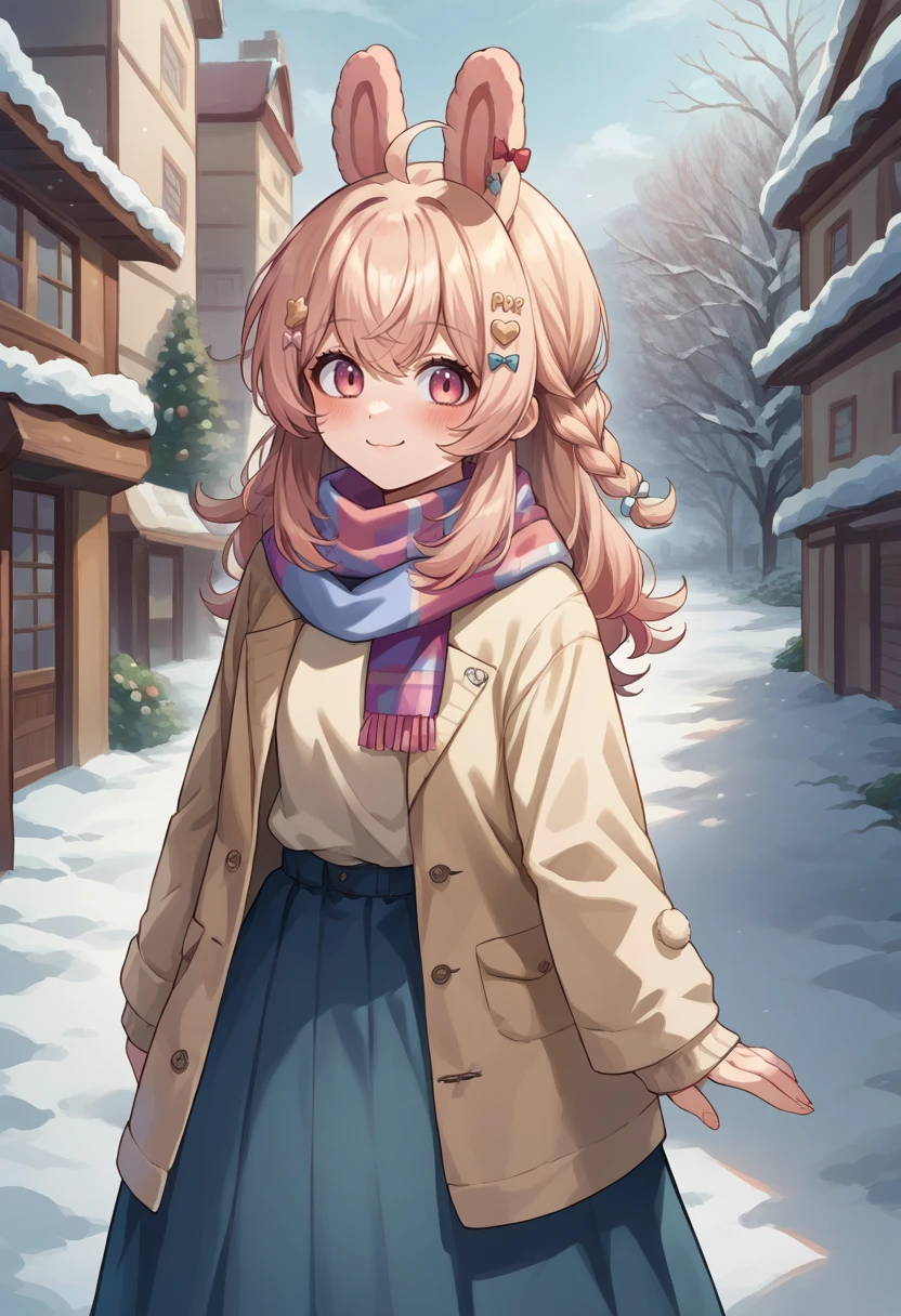 score_9, score_8_up, source_anime, PippaPipkin, long hair, braid, ahoge, hair ornament, hair bow, turtleneck sweater, long skirt, outdoors, scarf, winter, smile, blush, <lora:ChamPippaPipkinPonyXL-000008:1>