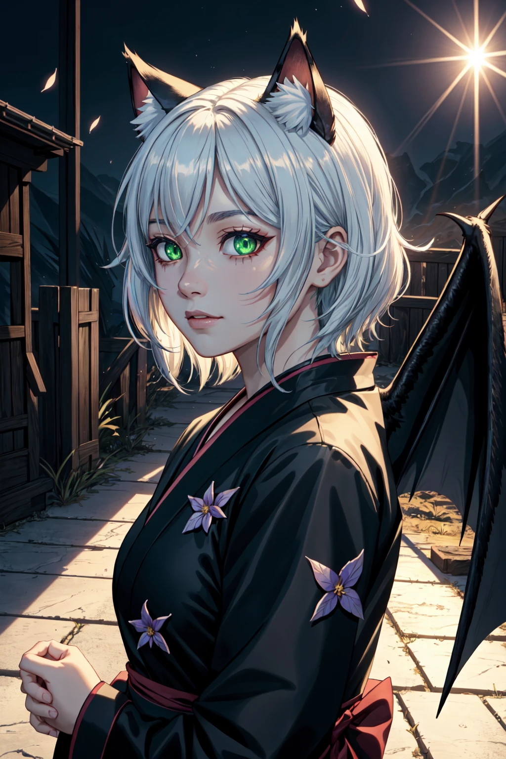 (masterpiece, best illustration, extreme light and shadow), depth of field, (mature), outdoors, battlefield, perfect face, side lighting, lustrous skin, cinematic angle, cinematic lighting, official art, (bloom), (shine), DemonUnderWorld DemonicYukata