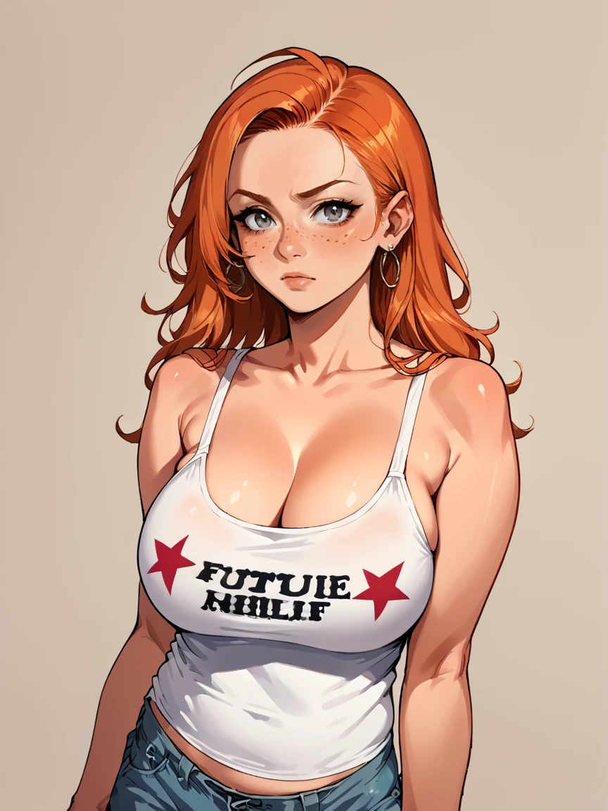 score_9, score_8_up, score_7_up, score_6_up, long hair, ginger hair, grey eyes, 1girl,  <lora:FMt0pXLP:1> fmt0p, tank top <lora:Black_Magic_Steering:1> source_anime, cel shading, large breasts,