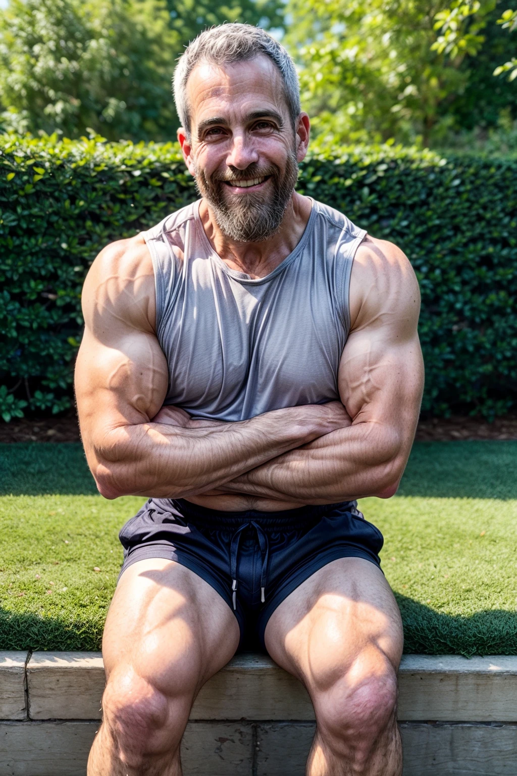 paul sklar, mature male, daddy, beard, looking at you, 50 years old, veiny arms, sweaty, shiny skin, (shirt),(sleeveless shirt), thighs, hairy body, daylight, shorts, garden, (crossed arms), satisfied smile<lora:EMS-179-EMS:1.000000>, <lora:EMS-369633-EMS:0.800000>