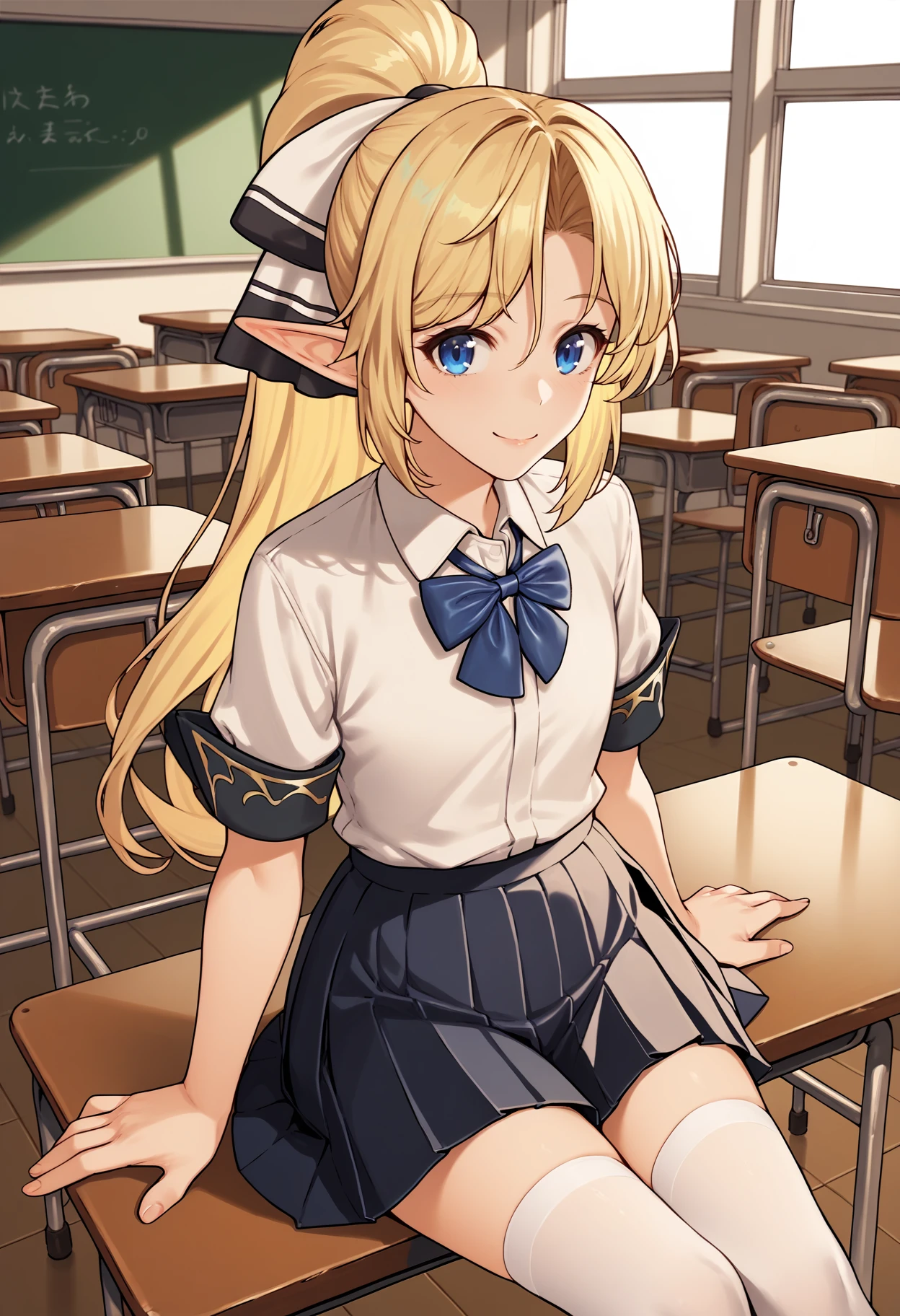 score_9, score_8_up, score_7_up, score_6_up, score_5_up, score_4_up, BREAK, smile, sunbeam, classroom, sitting, 
 <lora:irisv1:1>, irisek, blonde hair, blue eyes, pointy ears, long hair, ponytail, hair ribbon, irisdefault, white thighhighs, collared shirt, short sleeves, pleated skirt, gold trim, blue bowtie