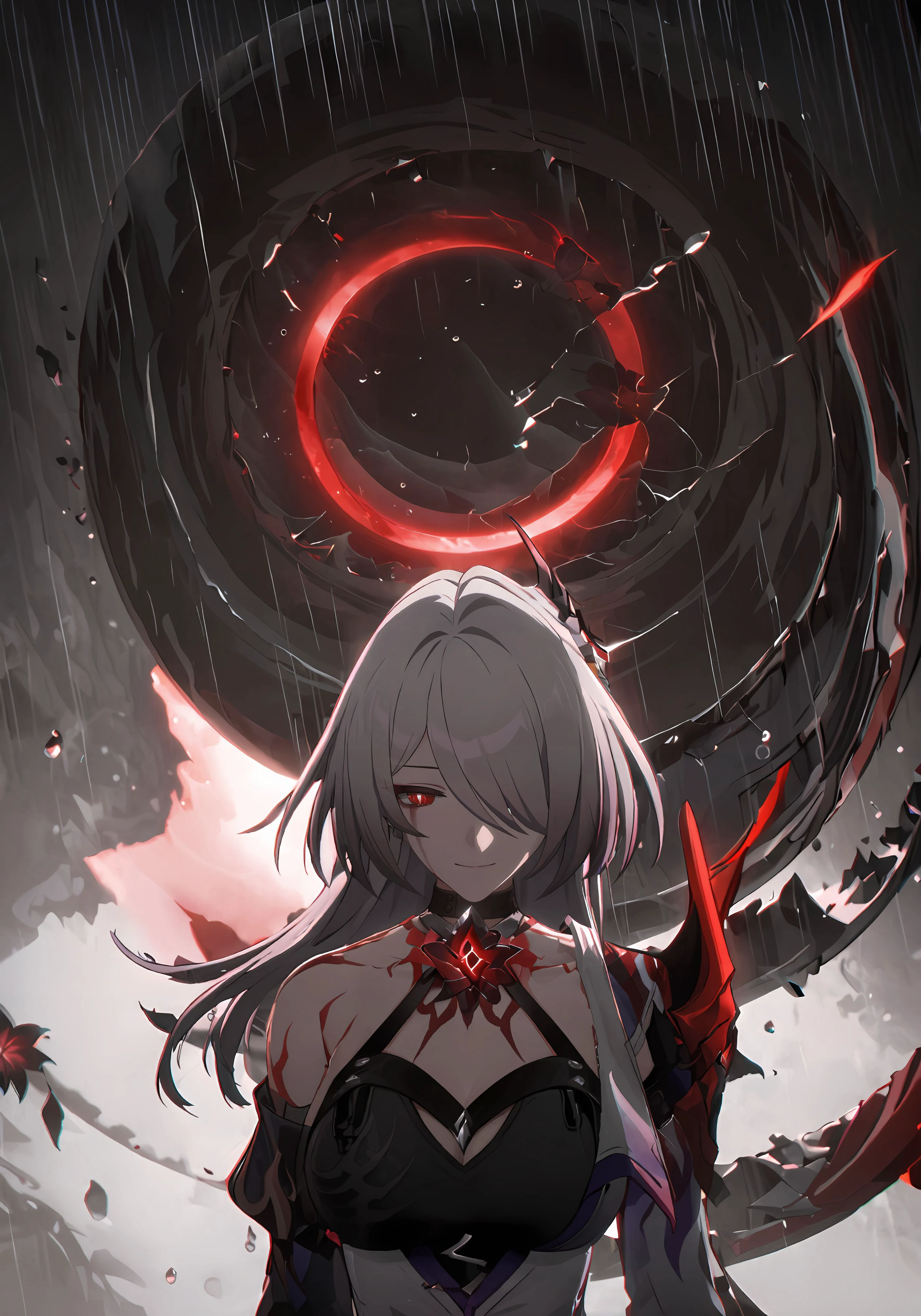 ((masterpiece)),((best quality)),highres,extremely detailed CG,perfect lighting,8k wallpaper,
acheron \(red type\) \(honkai: star rail\),red eyes,silver hair,a huge black hole,black sea water,water,rain,black background,
<lora:Achreon_SDXL_V1-000014:1>,<lora:add_detail:1>,