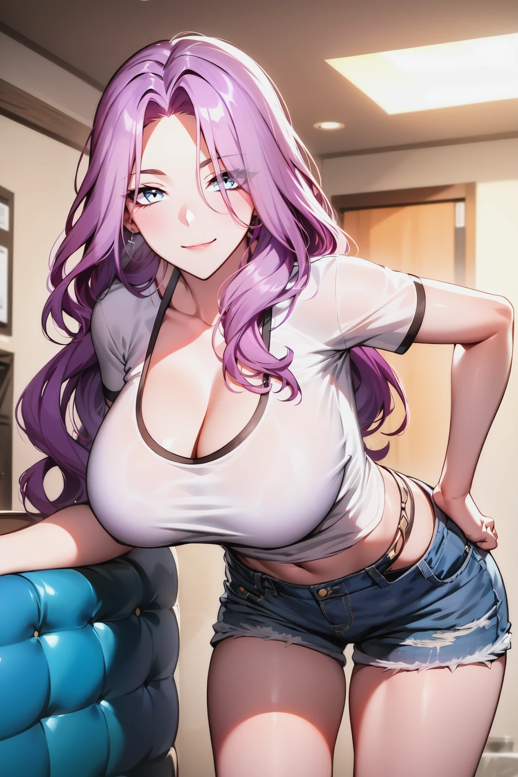 1girl, solo, large breasts, long hair, sexy pose, cleavage, tshirt, white tshirt, leaning forward, purple hair, blue eyes, standing, denim shorts, indoors
<lora:Jade v0.5 (SD 1.5):1>, looking at viewer, smile,