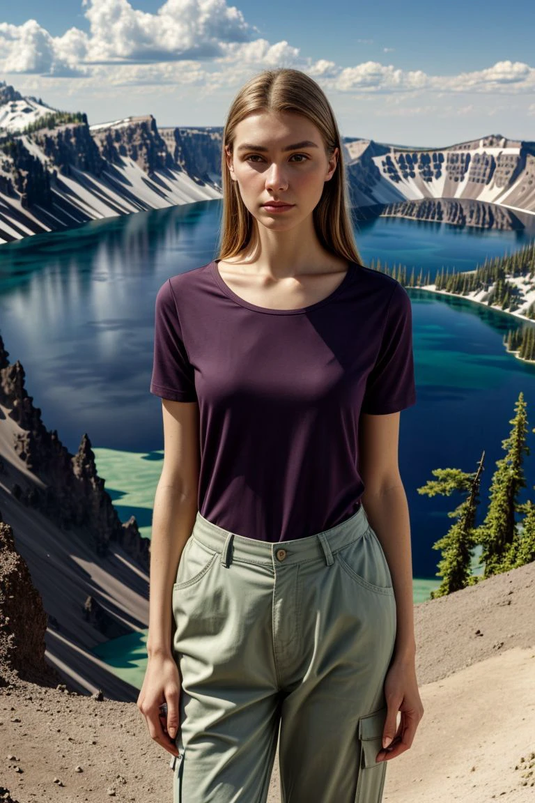 <lora:kawaii7.1.3_obj20:0.75:0.25>, European woman, closeup, sandals, (shirt), pants, (crater lake national park), ZM_amelia, wide shoulders, perfect face, (contact iris: 1.1), pale skin, skin pores , depth of field