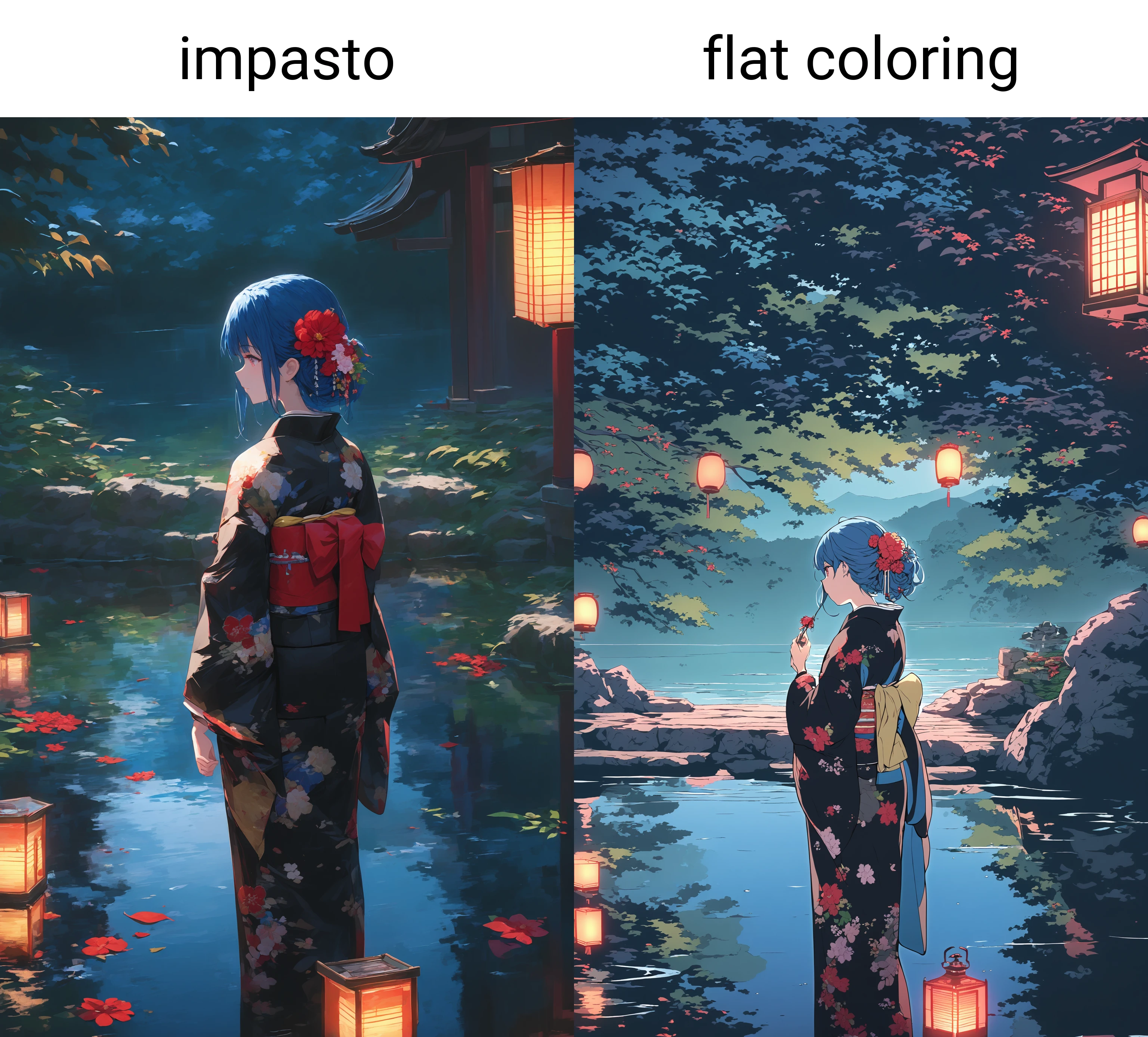 masterpiece,impasto,1girl,japanese clothes,kimono,solo,blue hair,hair ornament,reflection,black kimono,outdoors,lantern,standing,holding,sash,leaf,obi,hair flower,flower,reflective water,morino rinze,from behind,long sleeves,floral print,water,red flower,scenery,print kimono,