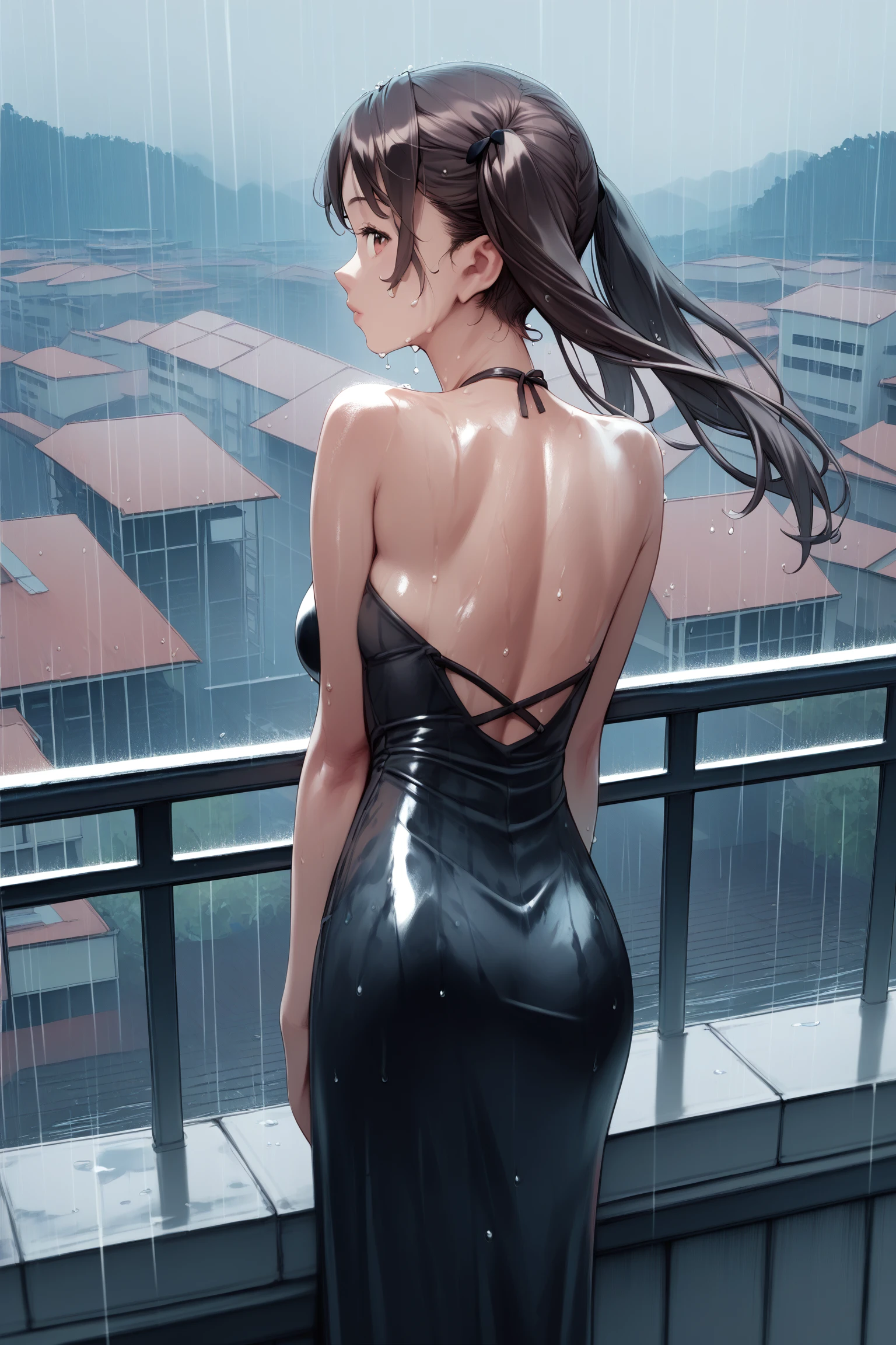 Creating an illustration of a woman in her thirties, short black hair with a back side bang, blue sky eyes, fair skin. obscured expression - she's wearing nothing, make she nude, little breasts, full sexy body - she's walking in a night town - include storm rain - digital art style