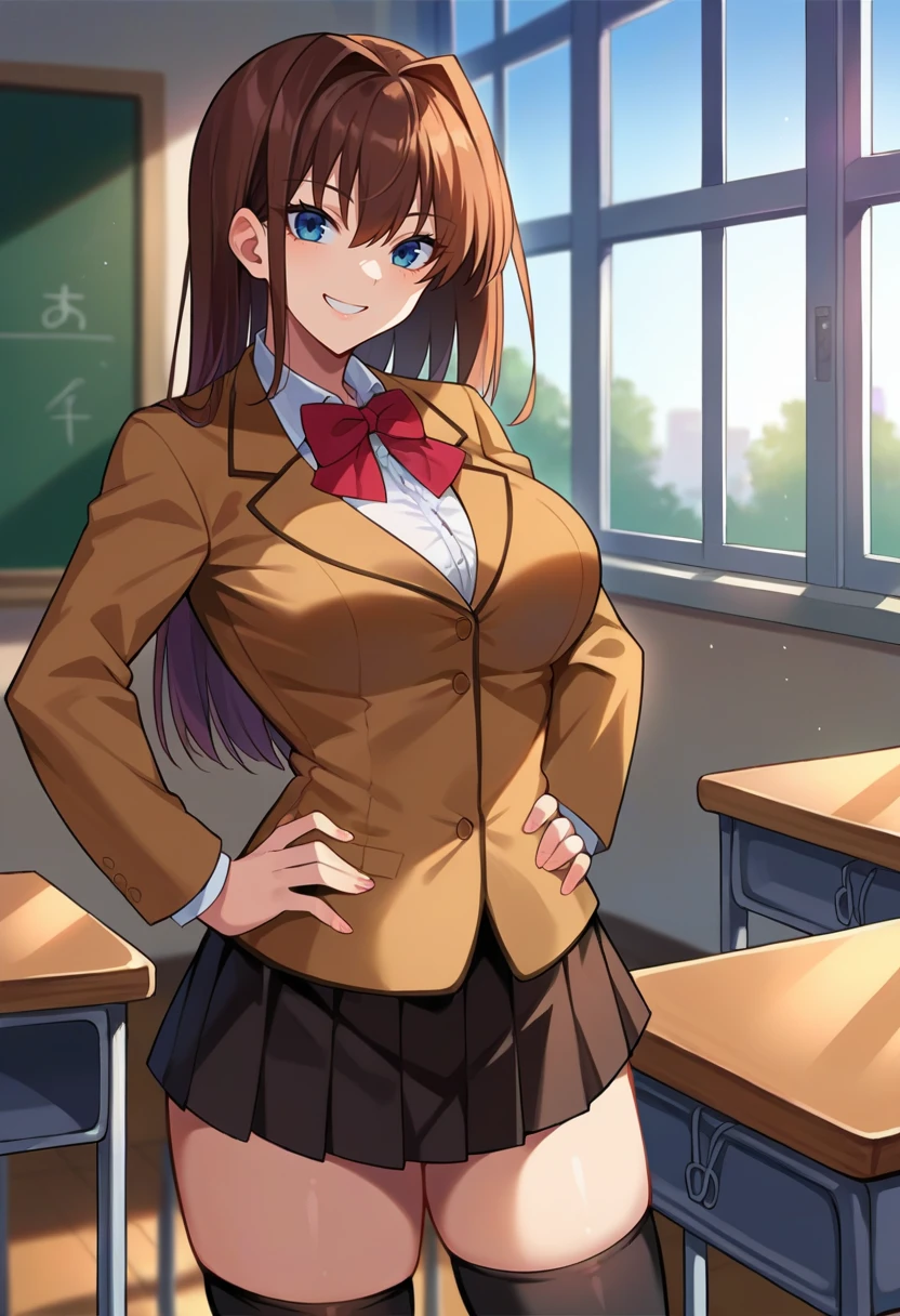 score_9, score_8_up, source_anime BREAK solo, 1girl, looking at viewer, cowboy shot,
<lora:AozakiPdxlDwnsty-000008:1>, aozakischool, blue eyes, brown hair, hair intakes, school uniform, black skirt, blazer, brown jacket, red bowtie, white shirt, kneehighs,
curvy, large breasts, smile, hands on own hips,
indoors, school, classroom, window, desk,