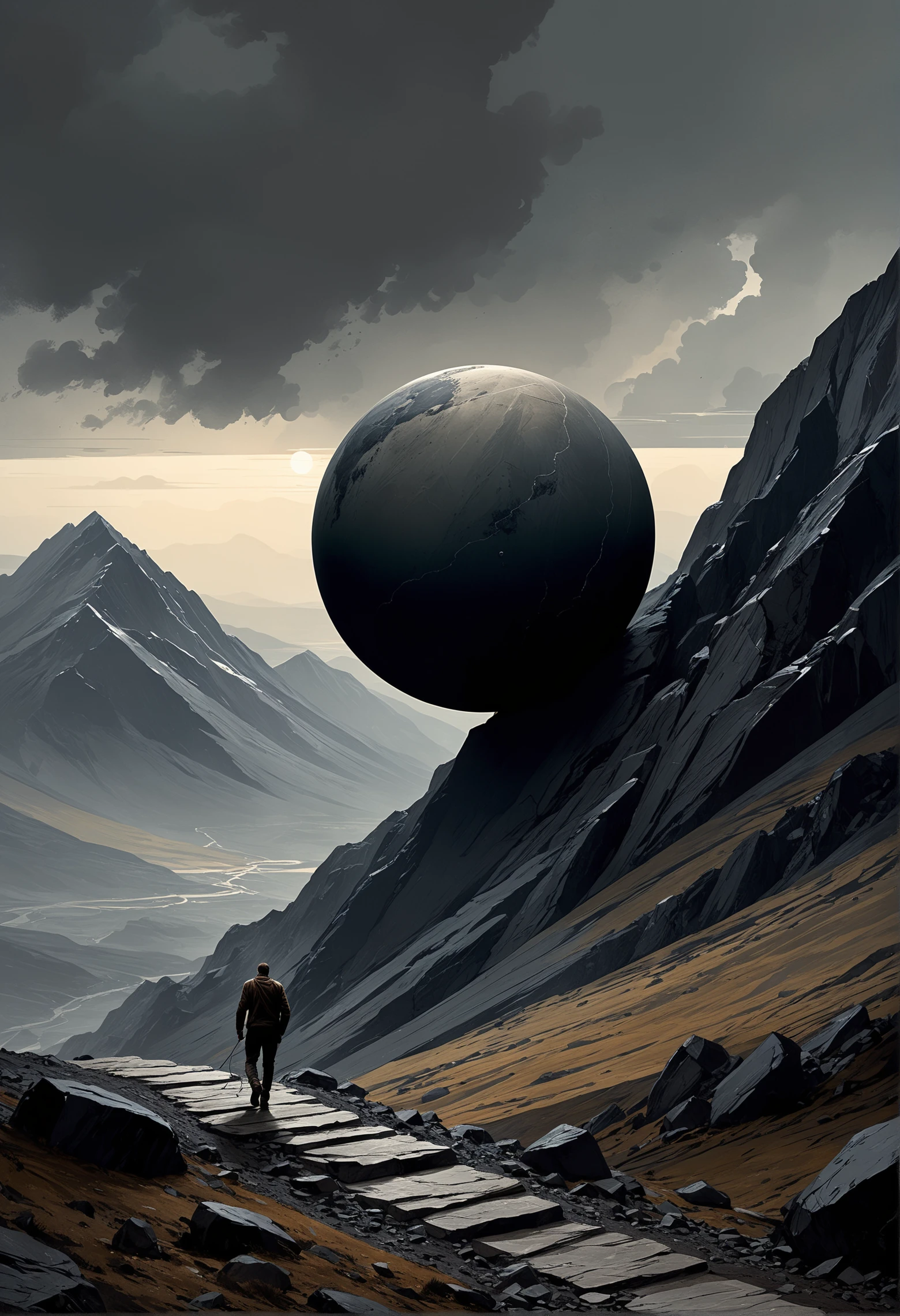 Capture the modern casual essence of Sisyphus as he relentlessly pushes a sphere up a desolate mountain slope. Explore the somber tones and bleak atmosphere in your depiction, emphasizing the eternal struggle and futility of his task from a side perspective.