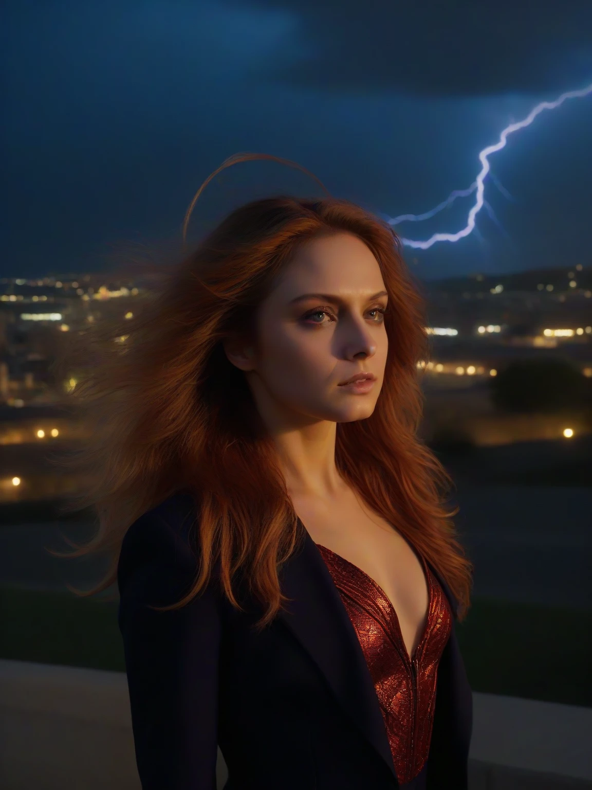 Masterpiece,best quality,8k raw,photorealistic,Cl4r1ce,woman,portrait,long messy hair,blowing hair,dressed as Dark Phoenix/(x-men),glowing lightning surrounding her,gothic city background,wind blowing,cinematic lighting,nighttime,<lora:Clarice_Metart_XL-step00004500:0.9>,