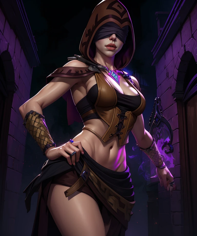 Seris,lips,
blindfold,hood,jewelry,midriff,cleavage,small brown vest,black shirt,cleavage,skirt,
underworld,purple aura,night,
(insanely detailed, masterpiece, best quality),<lora:SerisPLD:0.9>,