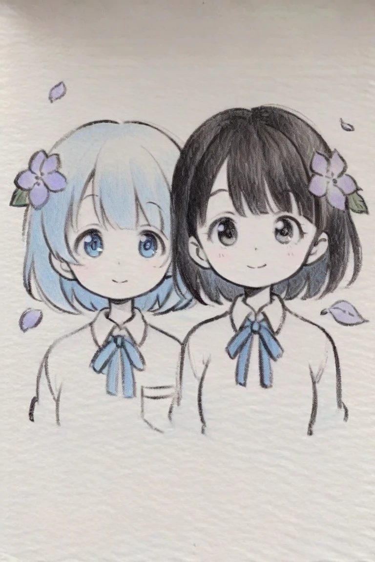 traditional media, monochrome, greyscale,masterpiece, best quality, flower, 2girls, short hair, multiple girls, shirt, blue eyes, blue hair, white shirt, blue flower, blue theme, ribbon, looking at viewer, hydrangea, white background, skirt, collared shirt, school uniform, closed mouth, blue ribbon, neck ribbon, blue skirt, bangs, hair flower, black hair, purple flower, petals, simple background, upper body, smile, pleated skirt, hair ornament