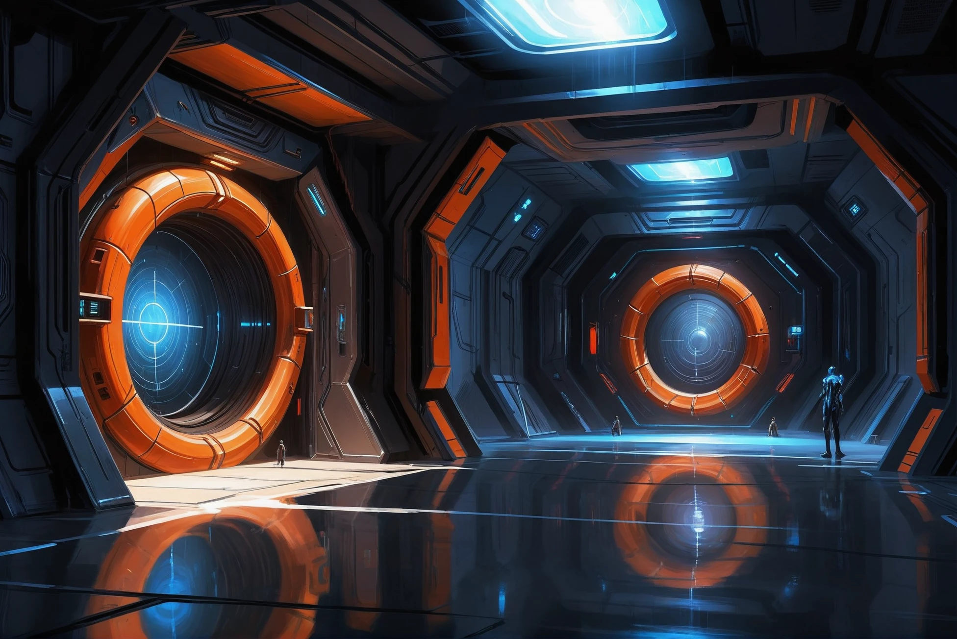 digital painting, scifi city, Teleportation Chamber \(room\) <lora:EnvyStarlightScifiAesthetic03:1>