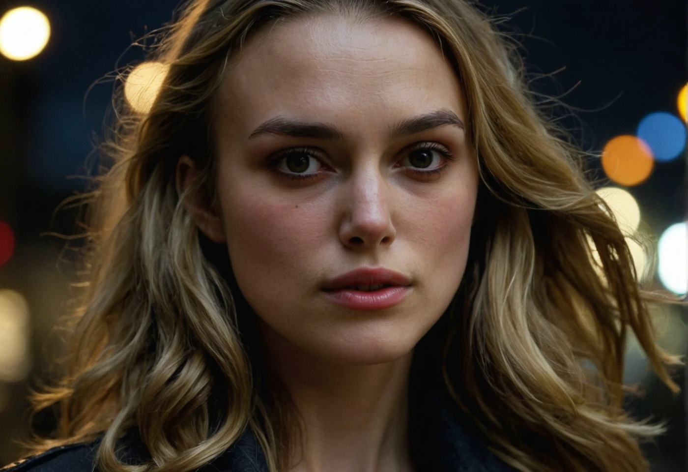 high resolution photo close-up of kkn woman,long blonde loose wave hair,street background,gloomy,dimly lit,bokeh,depth of field,she is looking at camera