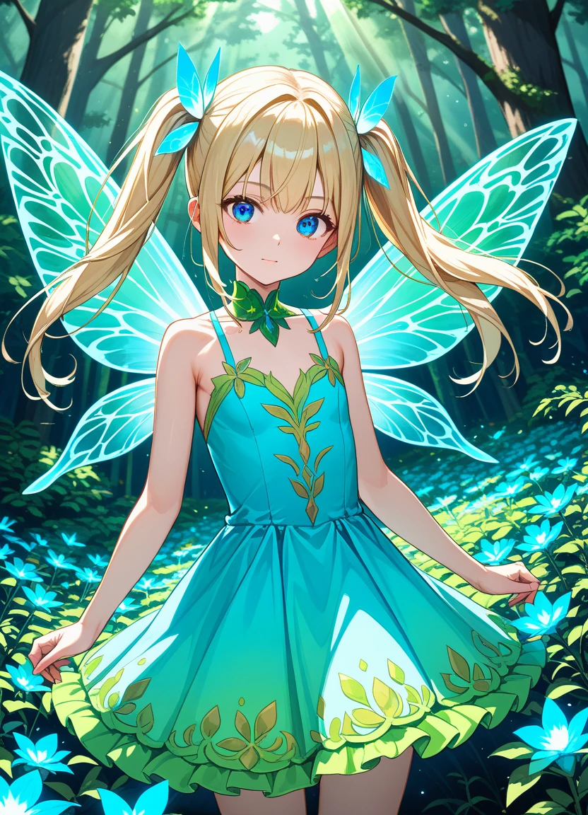 score_9, score_8_up, score_7_up ,source_anime, masterpiece, best quality, perfect anatomy , very aesthetic , absurdres ,intricate detailed, ultra-detailed illustration ,BRAKE
1girl , flat chest , Fairy, twintails, blonde hair, blue eyes, fairy dress ,centered, lens flare, bloom, light bloom, depth of field, Fairy forest , Glowing flowers ,Faintly glowing flowers, , mystic light , cowboy shot,