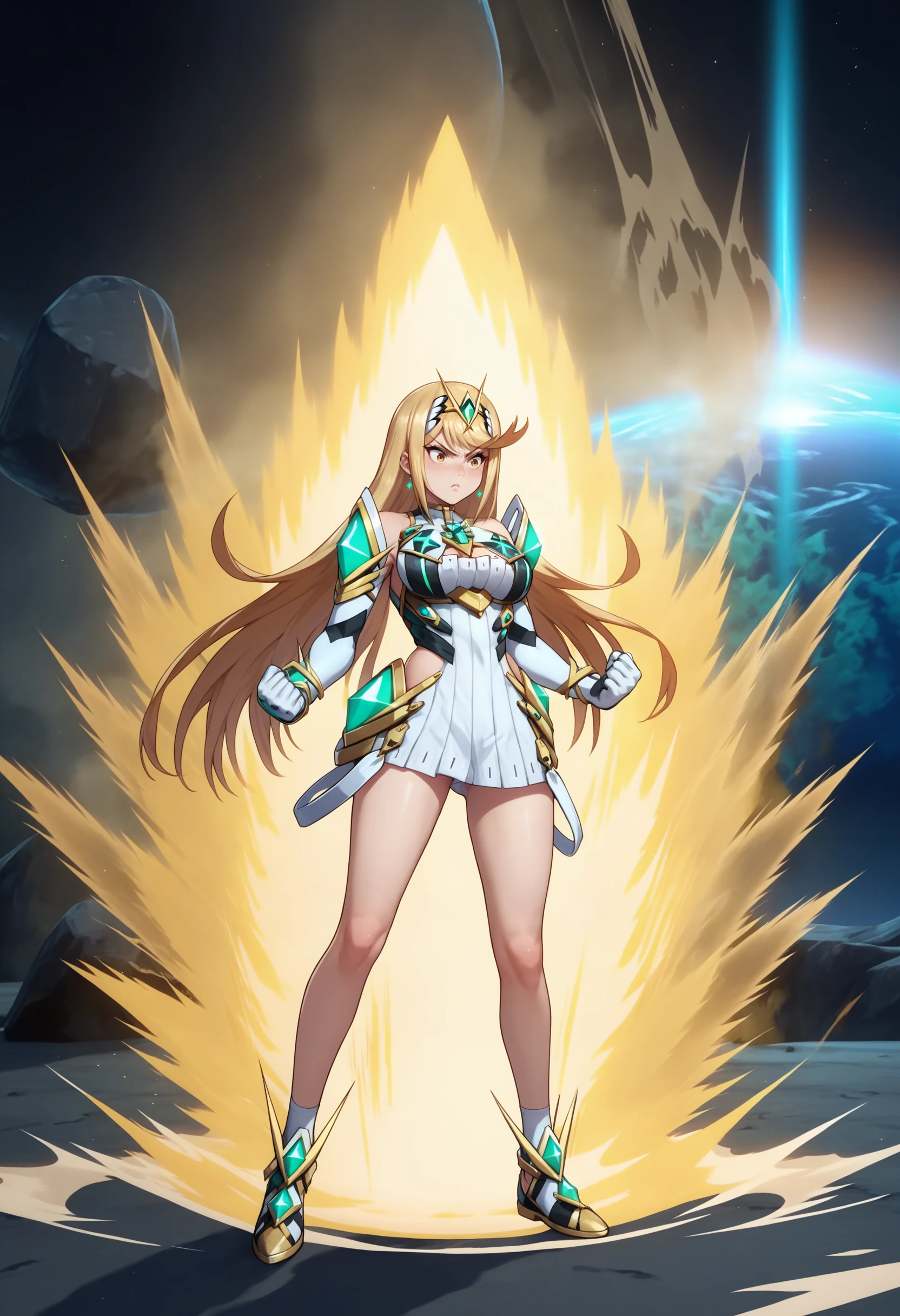 score_9, score_8_up, score_7_up, source_anime, 1girl, KI Charge, aura, yellow aura, <lora:DBKiCharge_XLPD:1>, clenched hands, mythra \(xenoblade\),