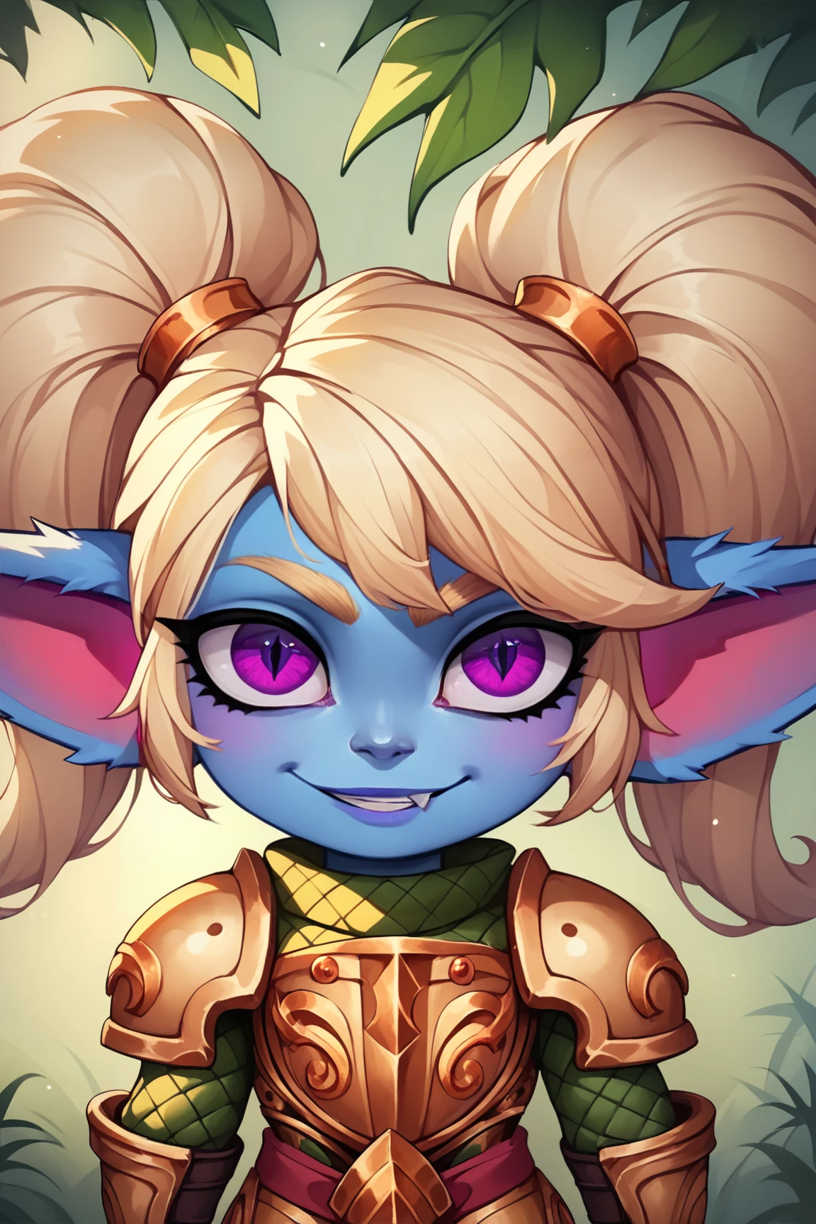 score_9, score_8_up, score_7_up, score_6_up, score_5_up, score_4_up, PoppyLoLXL, yordle, shortstack, purple eyes, blonde hair, twintails, blue skin, colored skin, golden armor,green snakeskin shirt, green snakeskin pants, (portrait shot, upper body), looking at viewer, seductive smile, forest, tree <lora:PoppyLoLXL:0.7>