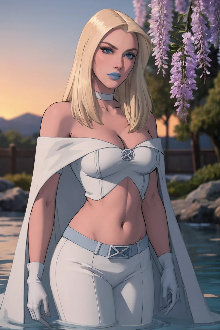 wading,looking at viewer,solo,water, sunset, onsen, wisteria,moody lighting, BREAK, 1girl, solo, 
MARVEL_emmFrost_costume, www.ownwaifu.com, 
blonde hair, long hair, straight hair, breasts, makeup, lipstick, blue eyes, blue lips, lips, large breasts, eyeshadow, white choker, nose, eyelashes, 
cleavage, choker, bare shoulders, off shoulder, navel, midriff, gloves, white gloves, elbow gloves, cape, dress, white pants, off-shoulder dress, belt, white dress, crop top, 
<lora:CARTOON_MARVEL_emmFrost_wxm-15:0.7>