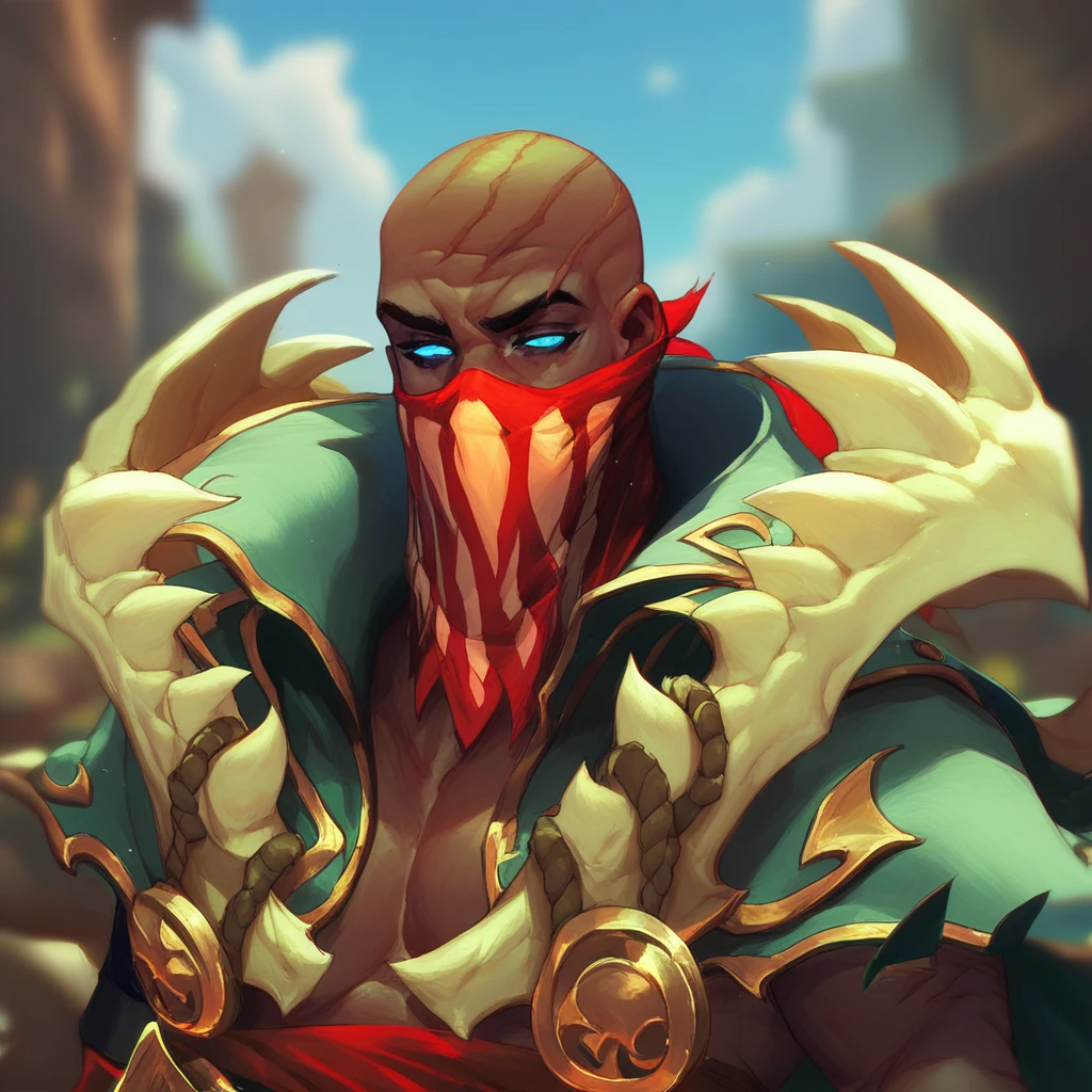 (((beautiful, high quality))), portrait, score_9, score_8_up, score_7_up, 1boy, Pyke, dark skin, blue eyes, bald, scars, red mask with printed teeth, fingerless gloves, cape, bone shoulder pads, belt, pants, boots, Pyke Harpoon, fantasy background, blurred background