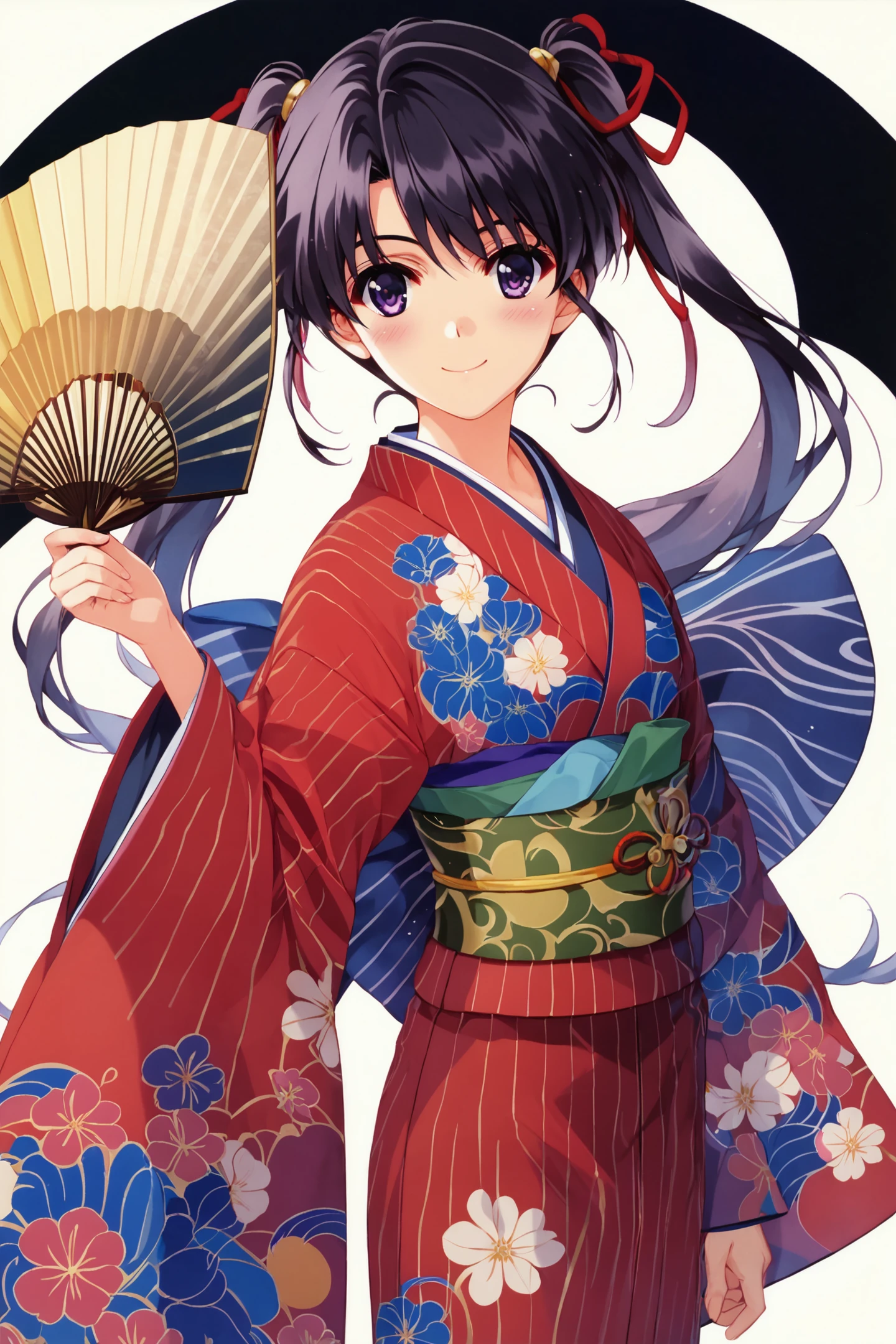 score_9,score_8_up,score_7_up,masterpiece,best quality,very aesthetic,absurdres,official art,official style,anime screencap,
1girl,solo,japanese clothes,long hair,hand fan,smile,kimono,striped,sash,obi,white background,twintails,striped kimono,ribbon,looking at viewer,hair ribbon,blush,bangs,holding,folding fan,simple background,floral print,holding fan,black hair,vertical stripes,wide sleeves,long sleeves,purple eyes,red ribbon,closed mouth,sidelocks,cowboy shot,standing,red kimono,arm at side,retro artstyle,Old Version,
<lora:Misaki Kurehito_XL_PONY:0.8>,