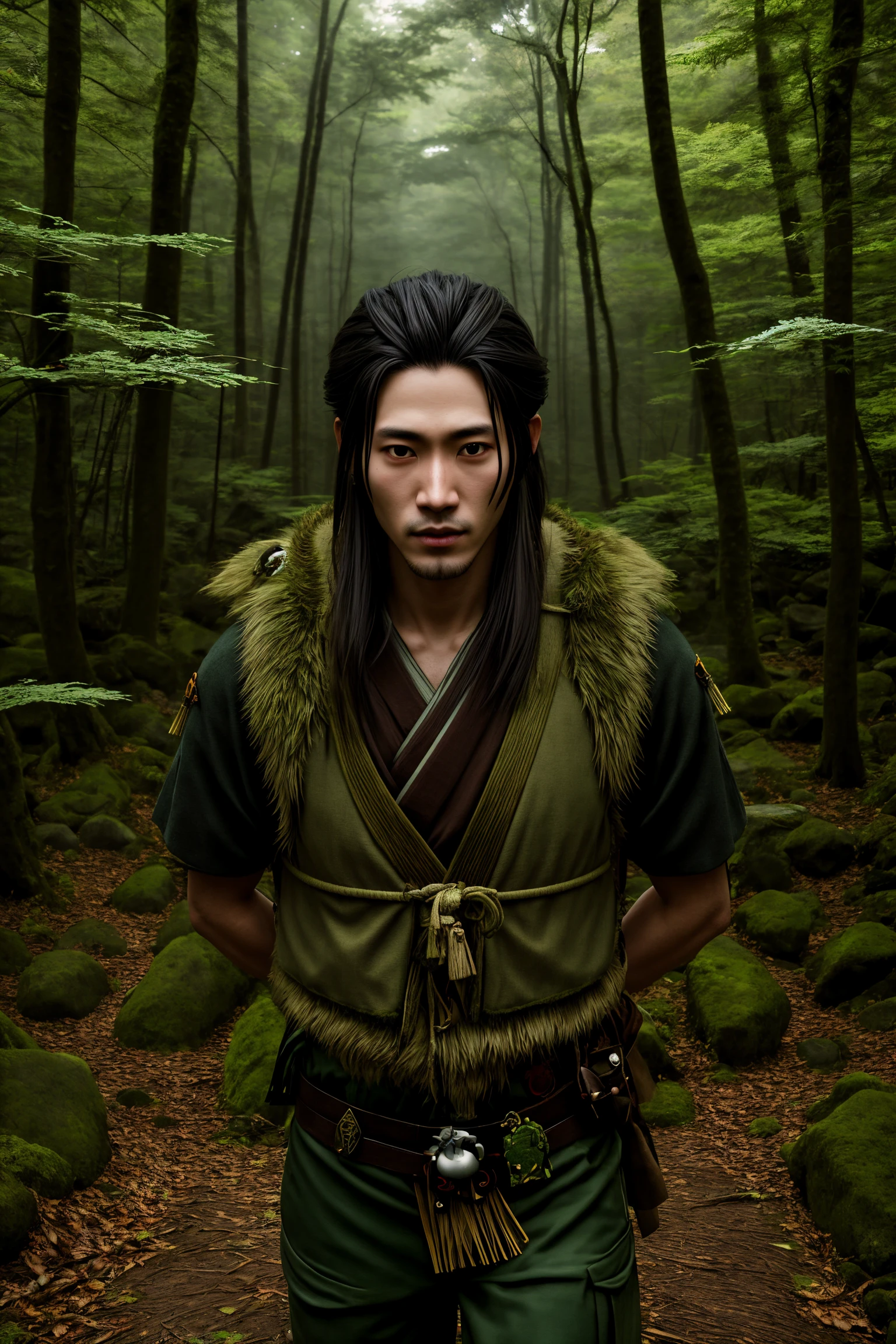 photorealistic male in a highly defined fantasy Japanese Aokigahara Forest . highly detailed, lifelike, precise, accurate