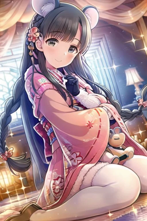 (masterpiece), kobayakawa sae, black hair, black eyes, 1girl, animal ears, braid, solo, japanese clothes, long hair, gloves, hair ornament, stuffed toy, smile, mouse ears, hair flower, kimono, stuffed animal