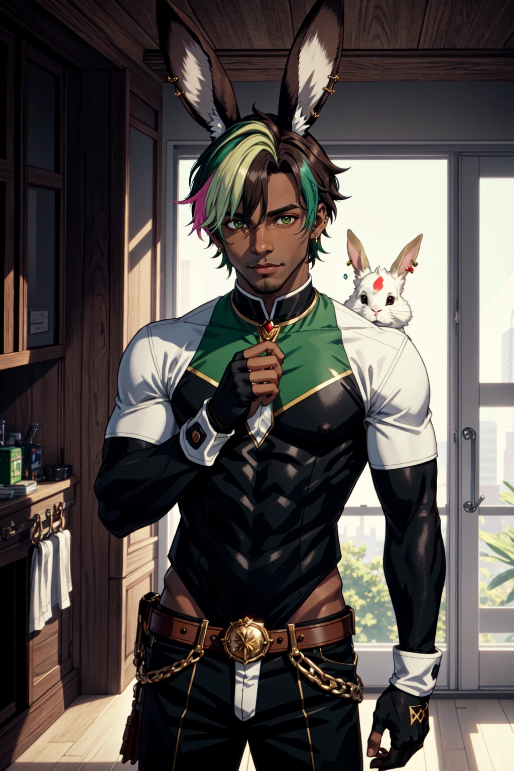 animal ears, rabbit ears, viera, solo, jewelry, gloves, dark skin, ring, male focus, facial mark, earrings, fingerless gloves, 1boy, dark-skinned male, blurry, multicolored hair, brown hair, blurry background, indoors, short hair, looking at viewer, hand up, black hair, green hair, standing epiCPhoto