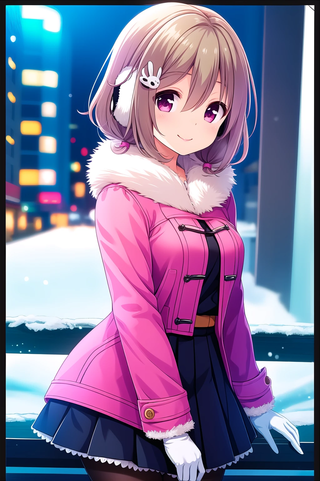 (masterpiece, best quality), highly detailed background, perfect lightingbest quality, kazemachiharuka, solo, outdoors, city, winter, light brown hair, earmuffs, hair between eyes, hairclip, rabbit hair ornament, low twintails, short hair, pink eyes, medium breasts, pink coat, fur trim, long sleeves, black gloves, black skirt, pleated skirt, black pantyhose, winter clothes, smile, closed mouth, :), pink lips, <lora:Kazemachi-Haruka-2-10:0.7>