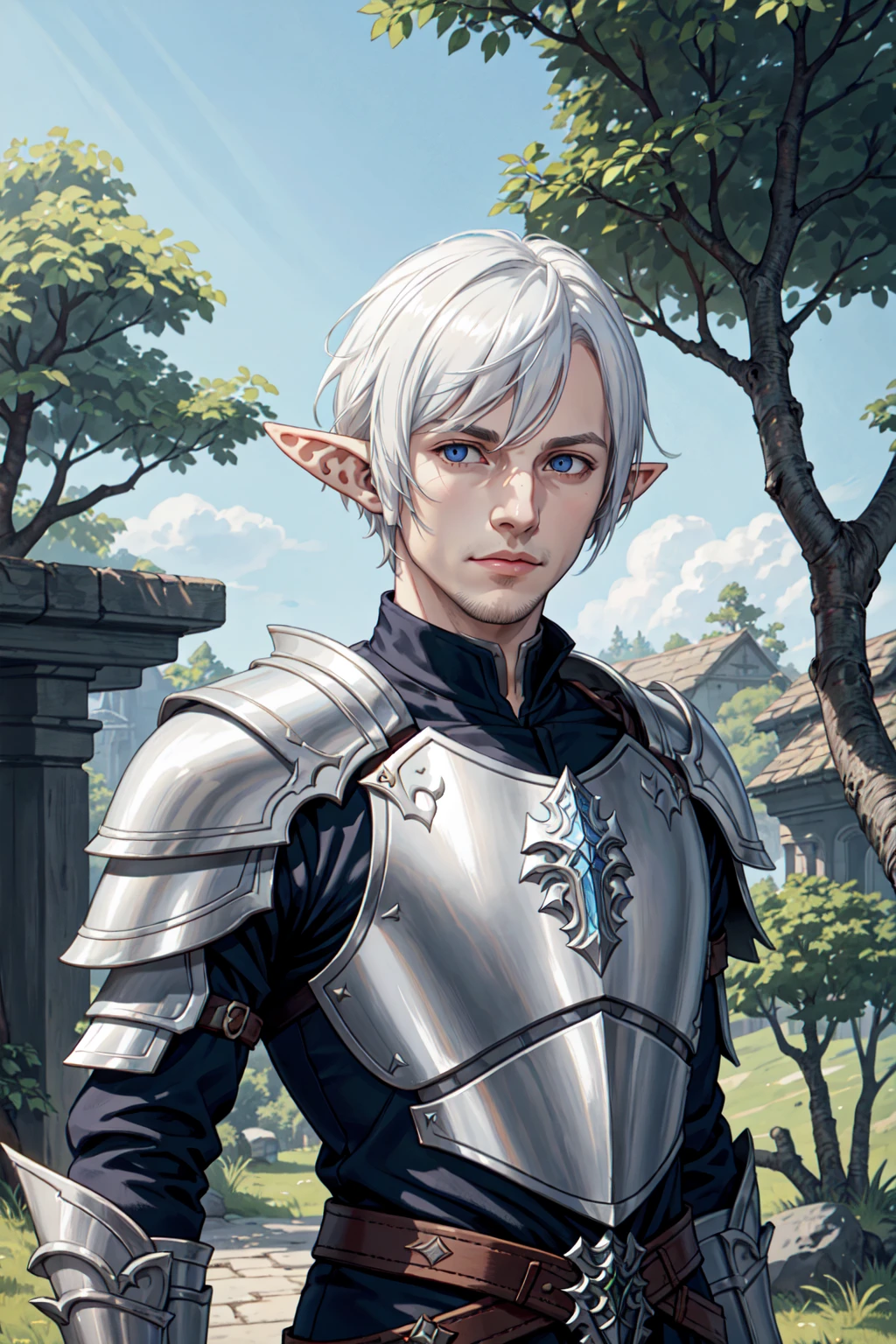 solo, looking at viewer, short hair, bangs, 1boy, closed mouth, upper body, white hair, male focus, outdoors, pointy ears, armor, tree, looking down, from below, elf, shoulder armor, pauldrons, breastplate, elezen, elezen