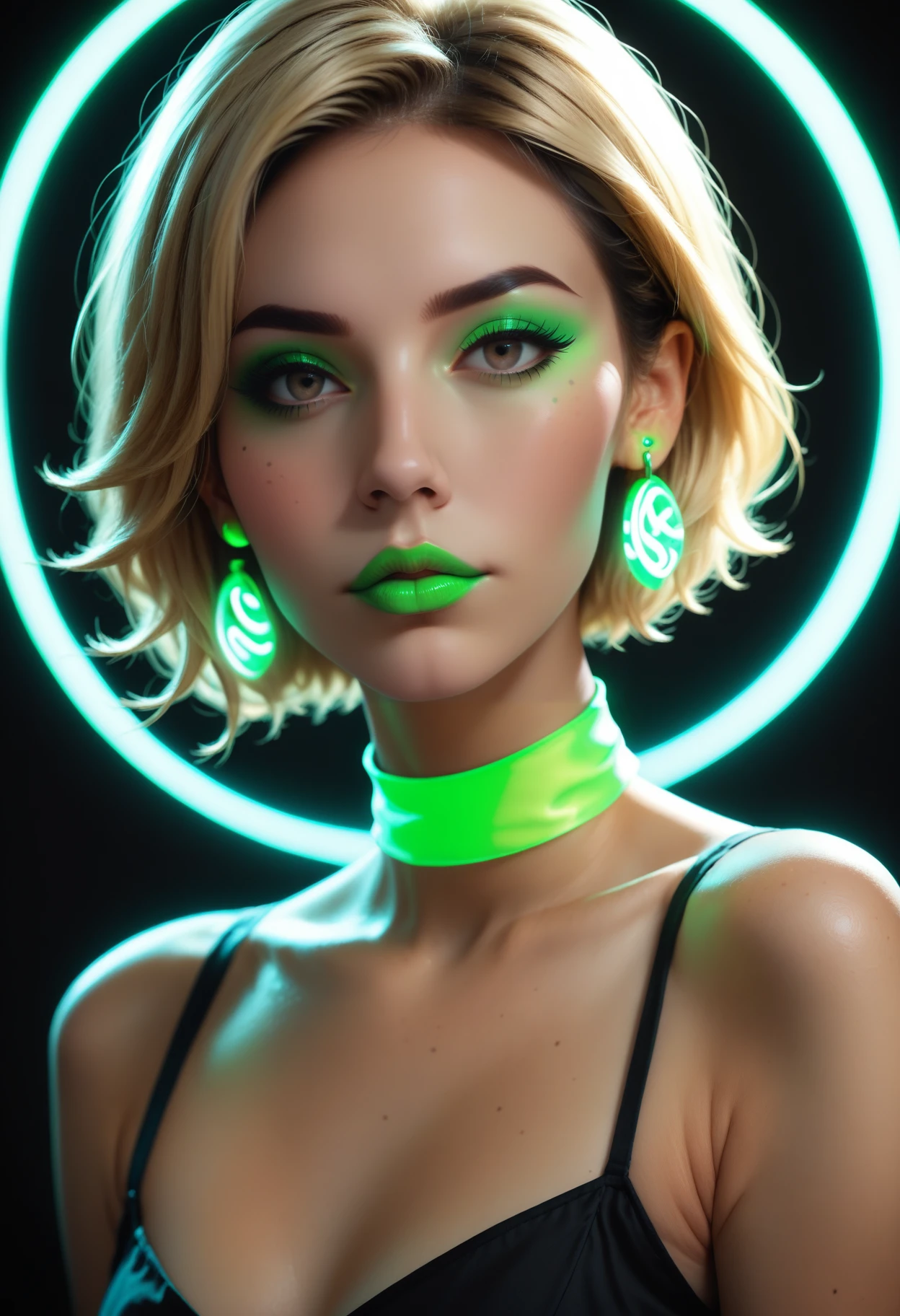 score_9, score_8_up, score_7_up,  face portrait, (glowing neon green earrings), glowing neon green lipstick, glowing neon green makeup, source_photo, realistic, 1girl, solo, 21yo, Asian girl, freckles, large lips, beautiful eyes, brown eyes, blonde hair, short hair, tanned skin, (black dress), (glowing neon green choker), (simple blurred background, depth of field), bright colors, high contrast, (black background), vivid lighting, zPDXL, <lora:lukethighwalkerneonponyv5:0.5>