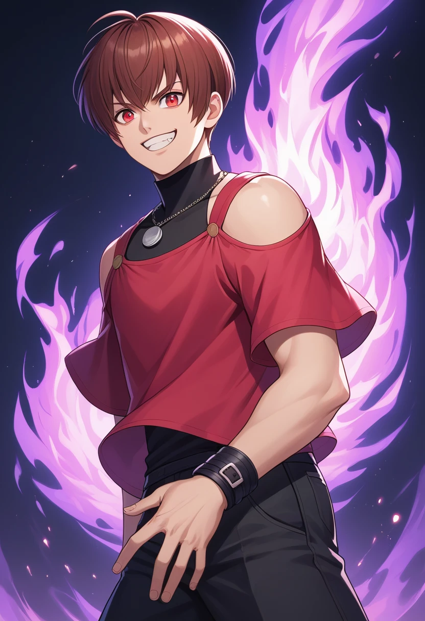 score_9, score_8_up, score_7_up, masterpiece, best quality, amazing quality, best aesthetic, ,absurdres,cute,chris_xv, brown hair, red eyes,, black shirt, sleeveless turtleneck, red crop top, black pants, red boots, wristband, necklace, shoulder cutout, 1boy, evil grin, purple flames, ((source_anime))<lora:EMS-370857-EMS:1.000000>