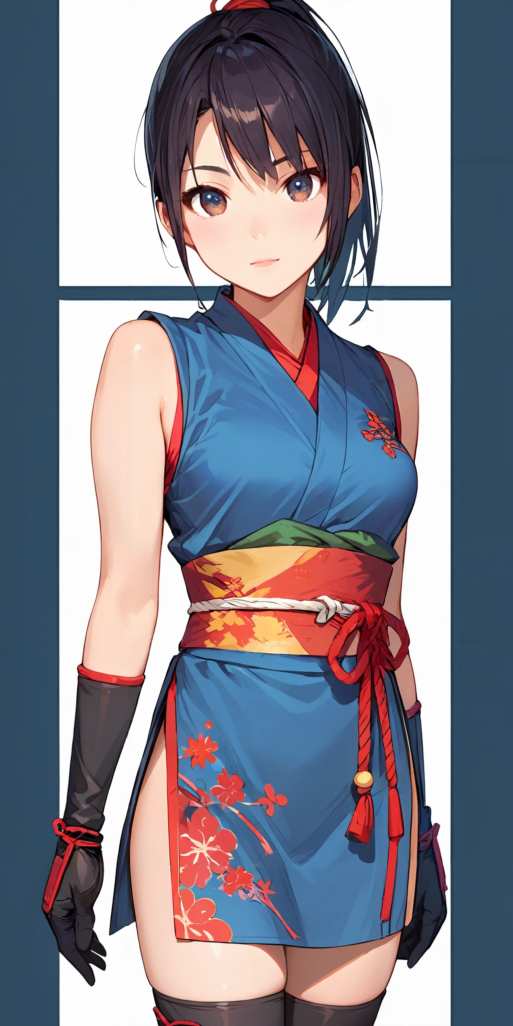 score_9, score_8_up, score_7_up,source_anime, high res image,masterpiece,best quality,girl,cowboy shot,cute face,simple background, <lora:kunoichi_Pony_V1.0:0.6> jyojifuku, kimono, kunoichi, ninja,sleeveless,gloves,thighhighs