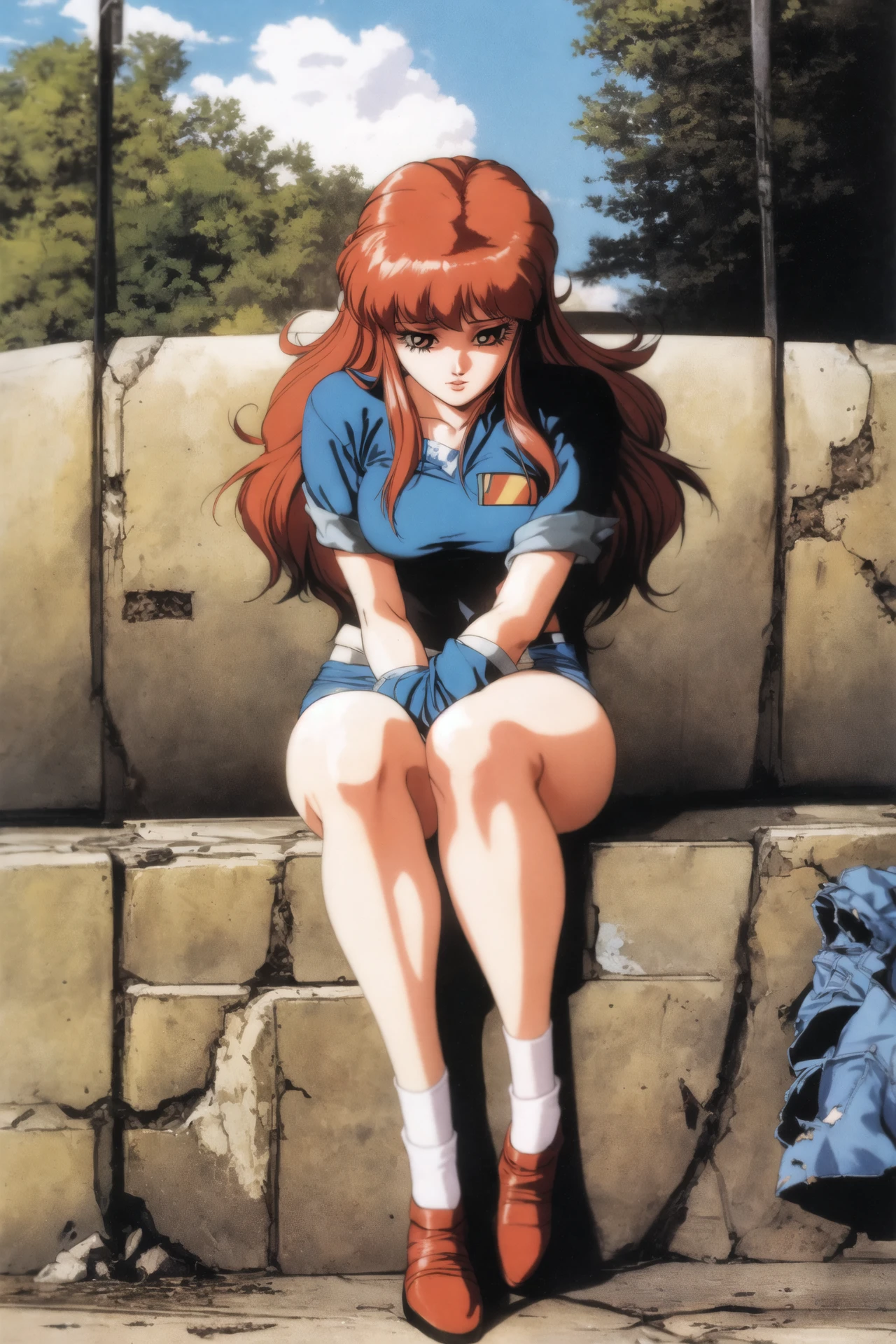mia alice, dangaiou, by hirano toshihiro, 1girl, solo, torn clothes, torn legwear, 1990s \(style\), full body, sitting