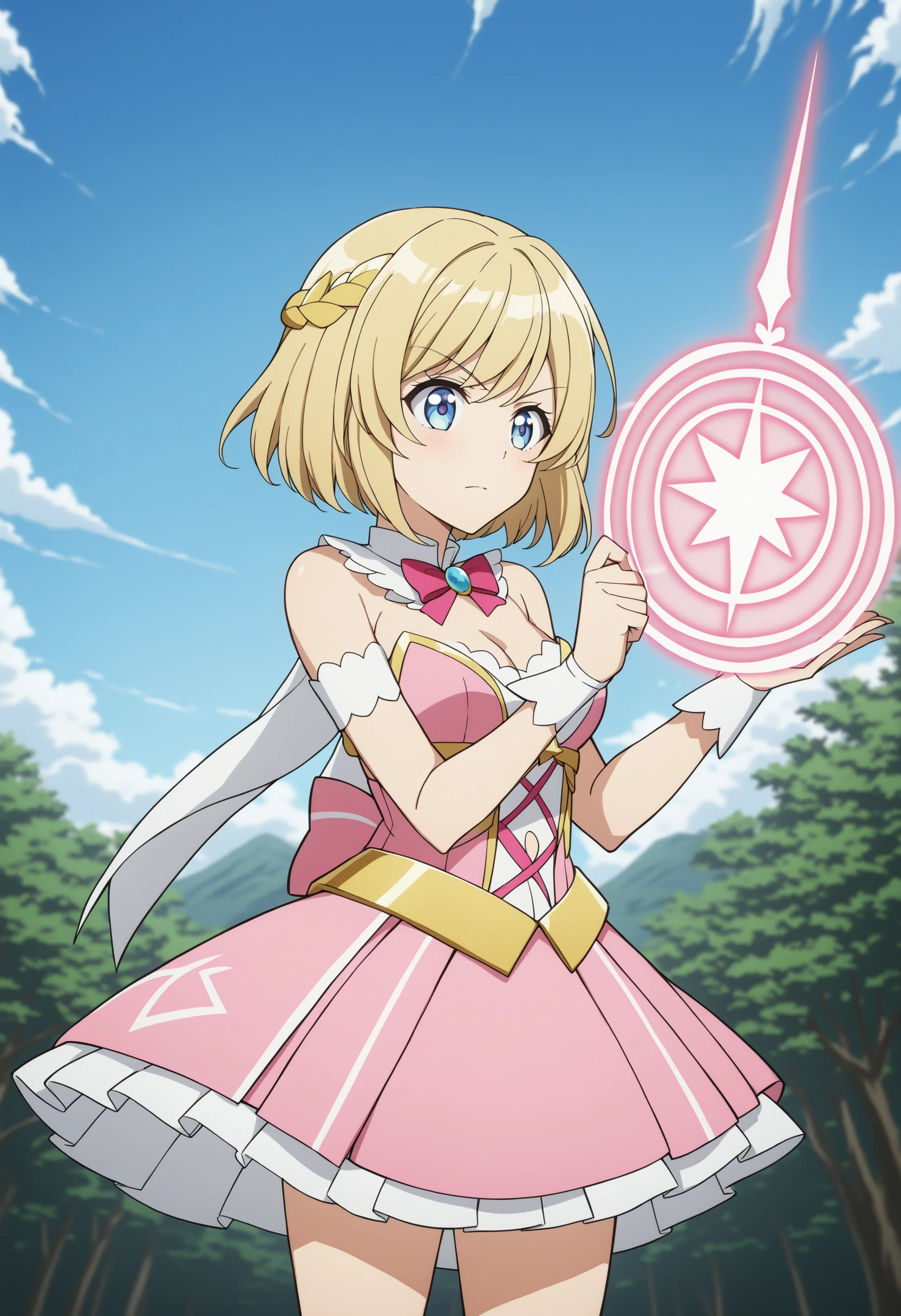 sysdeep_jeanne, 1girl, solo, breasts, short_hair, closed_mouth, blue_eyes, blonde_hair, medium_breasts, jeanne_ornament, magical_girl, pink_skirt, magic, casting, spell, sky, anime_coloring, <lora:Jeanne D Arc - [Compass] - SDXL Version 1:1>