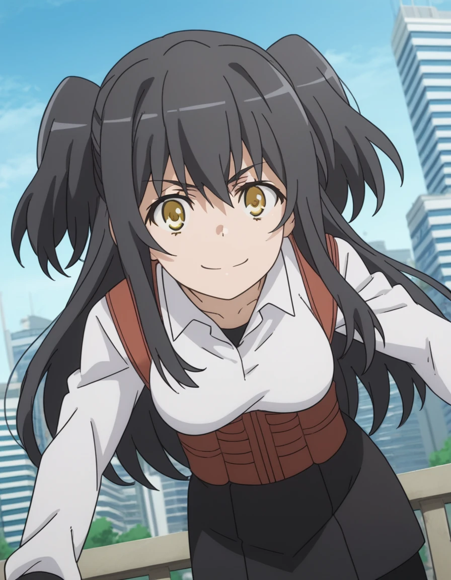 score_9, score_8_up, score_7_up, source_anime,
rakkoyumiya, <lora:rakko-yumiya-s3-ponyxl-lora-nochekaiser:1>,
rakko yumiya, long hair, black hair, two side up, yellow eyes, sidelocks,
skirt, shirt, long sleeves, white shirt, pantyhose, black skirt, black pantyhose, underbust,
outdoors, cityscape, smile, bent over,
looking at viewer, cowboy shot, dutch angle, solo,