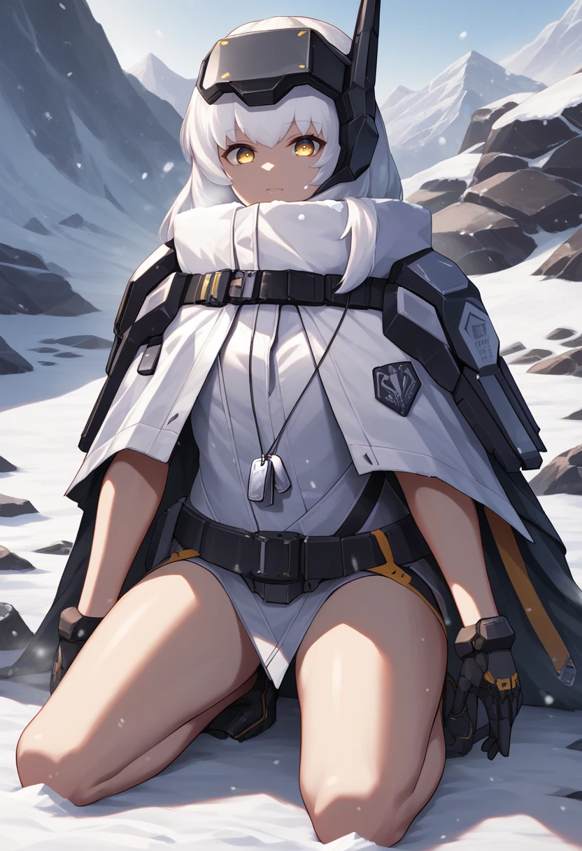 score_9, score_8_up, score_7_up, source_anime, BREAK 1girl, solo, <lora:snowwhite-nikke-richy-v1_pdxl:0.8> swdef, white hair, long hair, yellow eyes, headgear, science fiction, snow, winter, ice, cold, cloak, chest strap, badge, bare legs, looking at viewer, thighs, dog tags, kneeling