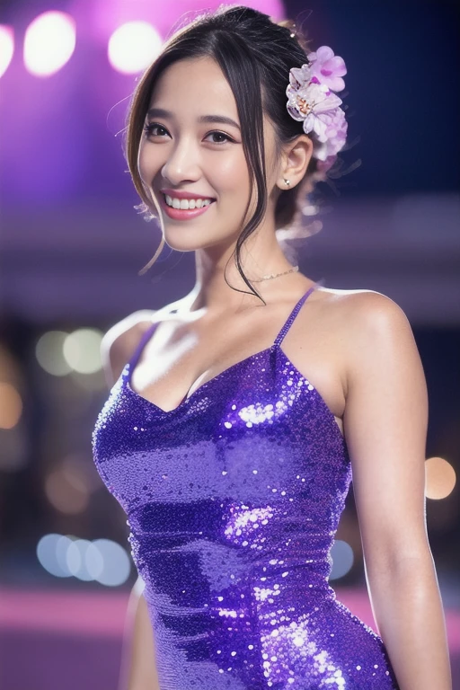1girl,(RAW photo, best quality), (realistic, photo-realistic:1.4), masterpiece, an extremely delicate and beautiful, extremely detailed, 2k wallpaper, Amazing, finely detail, extremely detailed CG unity 8k wallpaper, ultra-detailed, highres, soft light, beautiful detailed girl, extremely detailed eyes and face, beautiful detailed nose, beautiful detailed eyes,cinematic lighting,perfect anatomy,
(cabaret dress:1.2),bokeh,close up,
(at a night downtown:1.2),looking at viewer,young japanaese idol,
(smile:1.4), <lora:inamianju_lora_04:1.2>