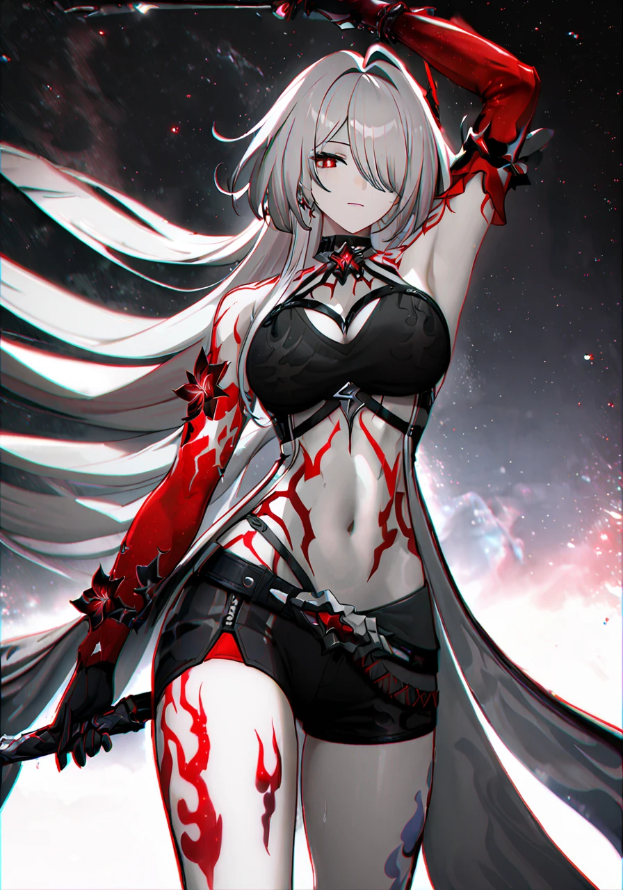 ((masterpiece)),((best quality)),highres,extremely detailed CG,perfect lighting,8k wallpaper,
acheron \(red type\) \(honkai: star rail\), aurora, bangs, breasts, city lights, constellation, crescent moon, earth \(planet\), full moon, galaxy, gloves, hair over one eye, light particles, long hair, looking at viewer, midriff, milky way, moon, moonlight, navel, night, night sky, planet, red eyes, red moon, shooting star, sky, solo, space, star \(sky\), starry background, starry sky, starry sky print, tattoo, very long hair
<lora:add_detail:0.8>,
<lora:Achreon_SDXL_V1-000014:1>,