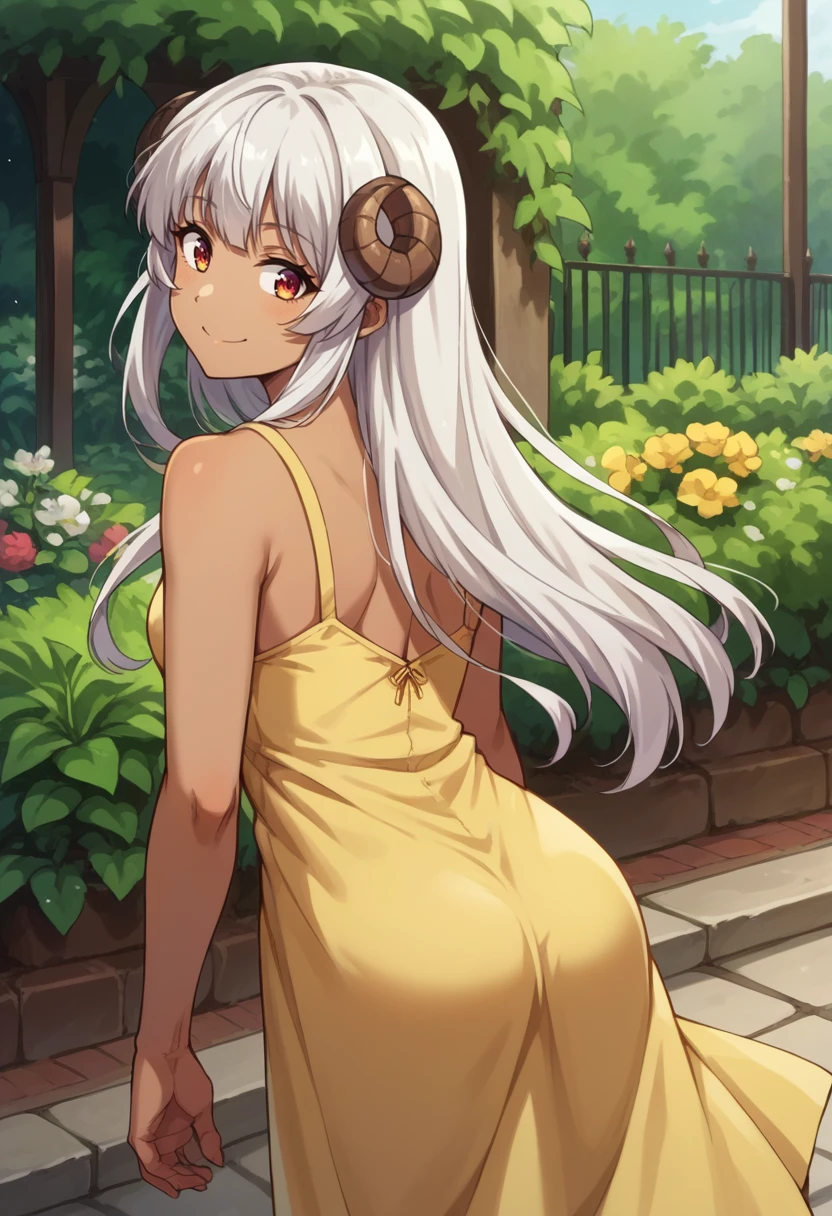 score_9, score_8_up, source_anime, Felm, white hair, long hair, dark skin, from behind, yellow sundress, garden, day, sunshine, smile, looking back, <lora:ChamFelmPonyXL-000007:1.0>